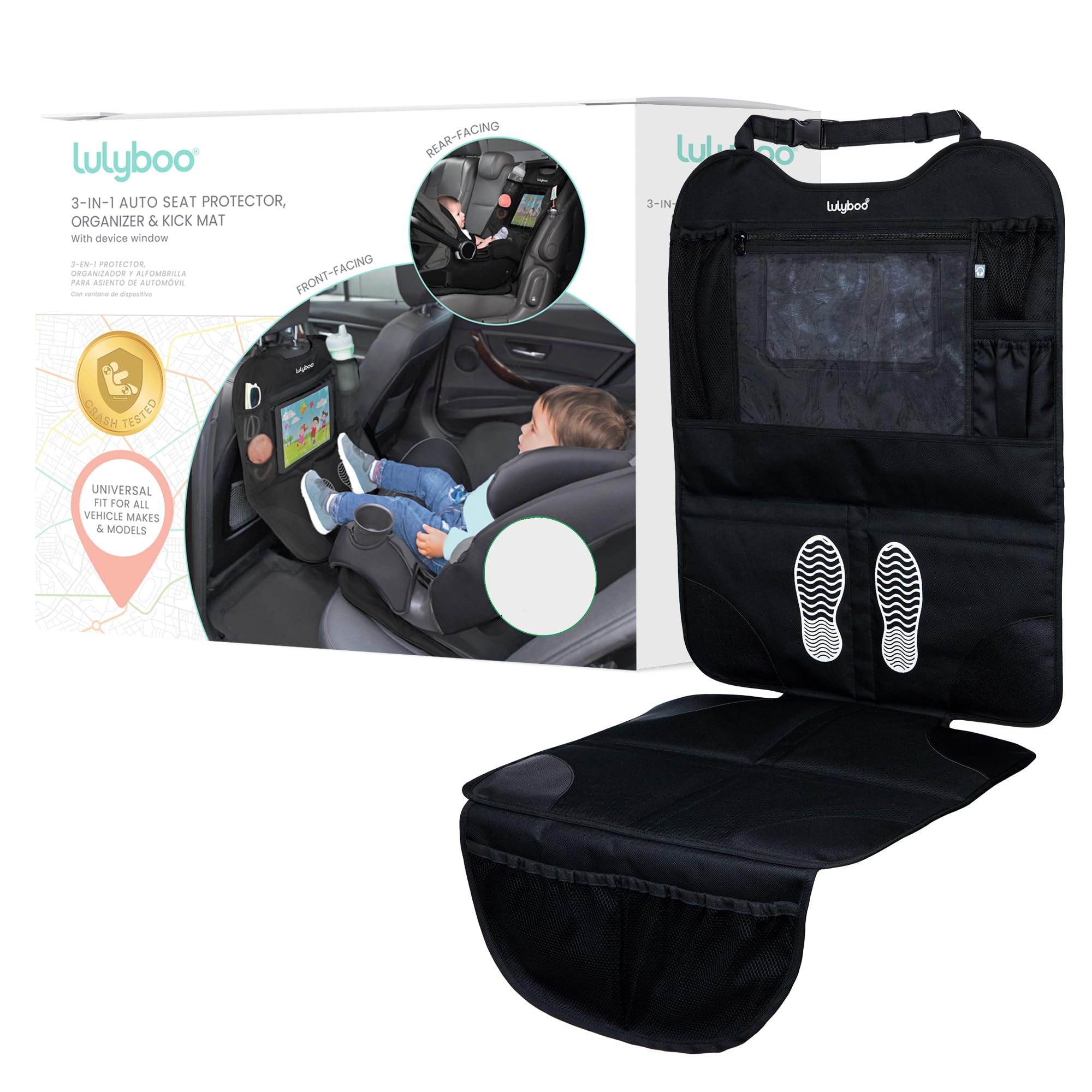 Lulyboo Car Seat Protection for Baby Carseat - Car Seat Organizer Back Seat - Behind Backseat Car Organizer for Kids Stuff, Toys, Tablet, Storage - Front & Rear Facing Kick Mat Seat Protector Black