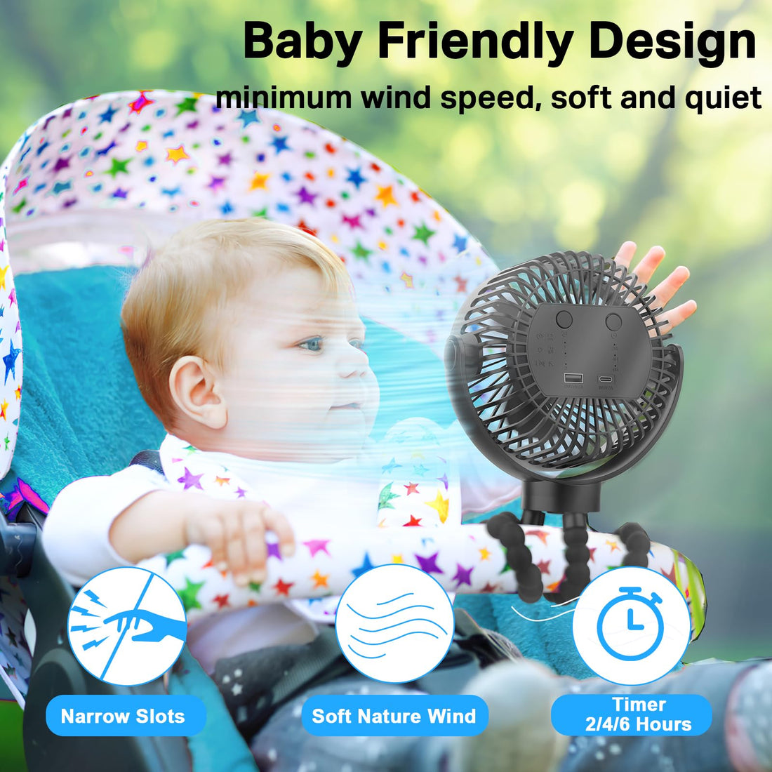 Portable Fan, Stroller Fan 60Hrs 12000mAh Battery Operated Fans USB Rechargeable Small Fan for Bedroom, Desk, Personal Handheld, Clip on Fan for Baby Stroller, Travel, Car Seat, Peloton, Bed, Camping