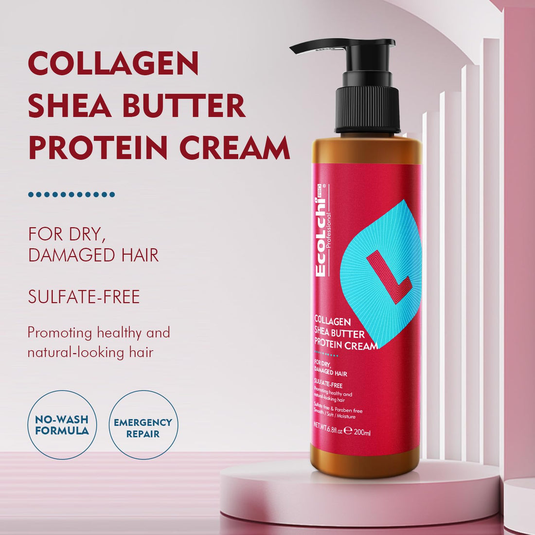 ECOLCHIPRO Ecolchi Collagen Leave-In Conditioner Cream Deep Restores Shea Butter Protein Cream Hair Treatment Smooth Glossy for Dry and Damaged All Hair Types 200ml 6.8 fl.oz