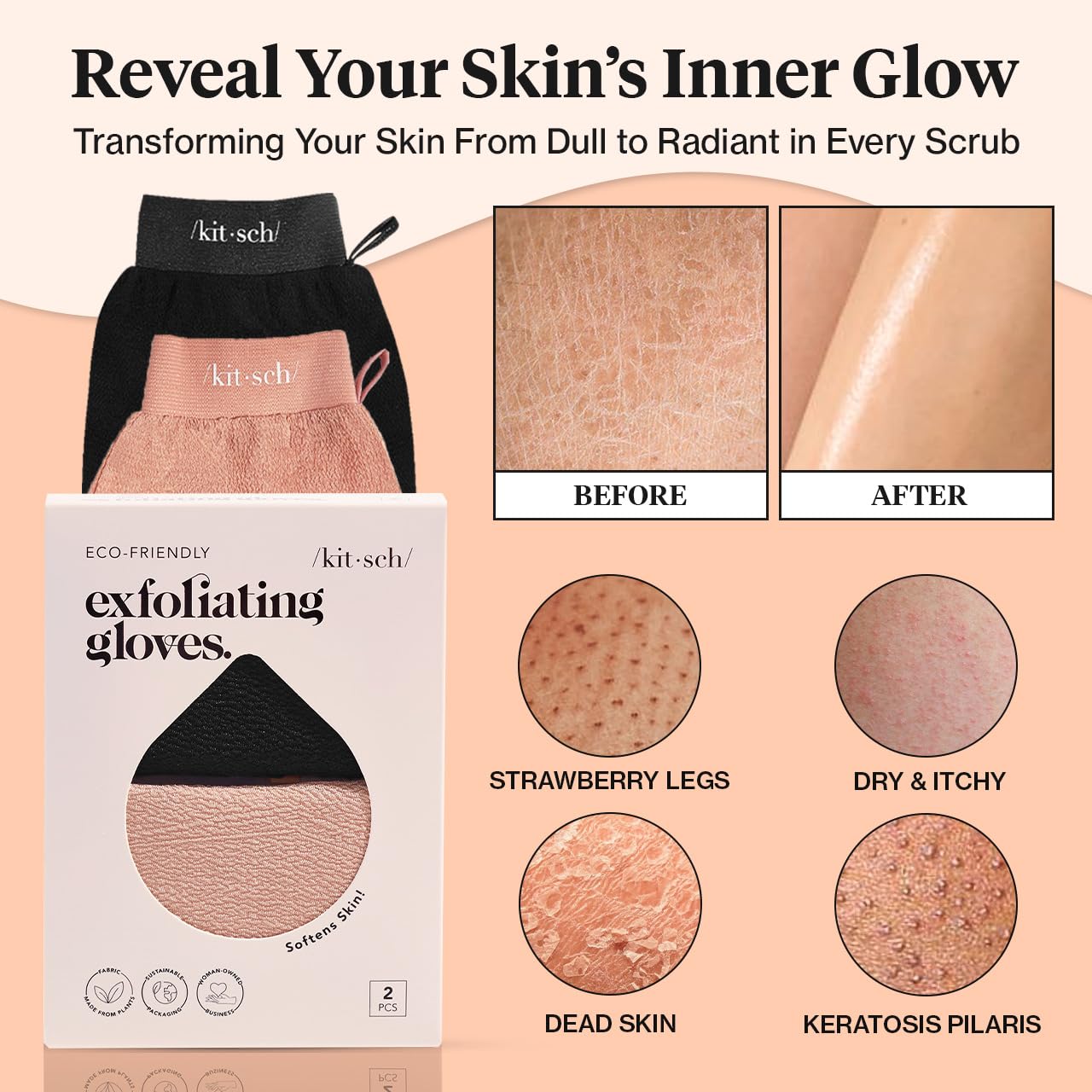 Kitsch Deep Exfoliating Glove 2pcs, Exfoliating Body Scrubber Exfoliator, Korean Exfoliating Mitt, Dead Skin Remover for Skin Cell Renewal, for Shower, Bath, Beauty & Skin Care, Black & Terracotta