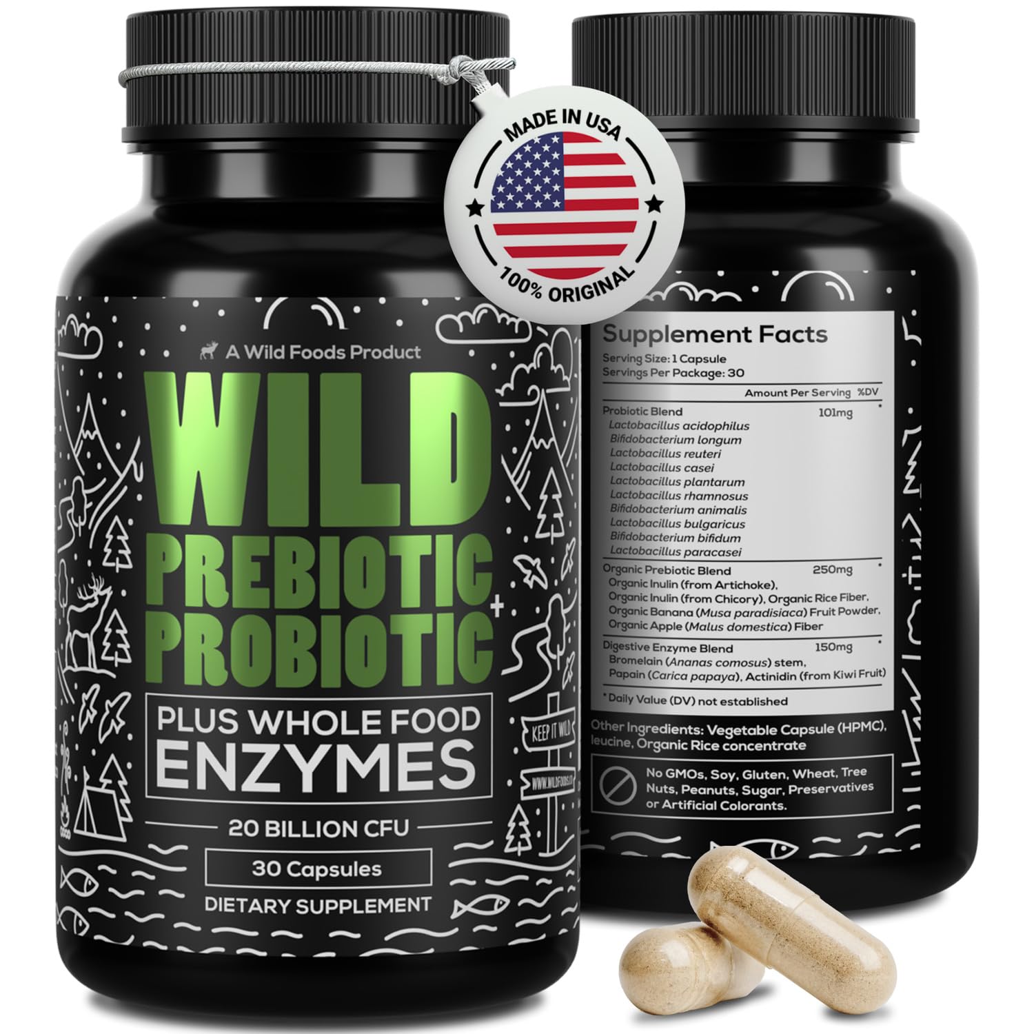 Wild Prebiotics and Probiotics with Digestive Enzymes | 20 Billion CFU - 10 Strains for Women & Men | Support Gut Health & Digestion Supplements | Non-GMO Prebiotic Fiber | 30 Capsules