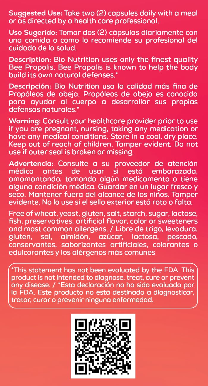 Bio Nutrition Bee Propolis, Natural Defense Immune Support Supplement Capsules 1000 Mg, 60 Ea, 60 Count