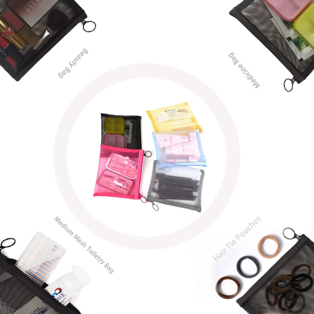 Patu Zipper Mesh Bags, Size M / A6, 5 Pieces, Beauty Makeup Cosmetic Accessories Organizer, Travel Toiletry Kit Set Storage Pouch, Black