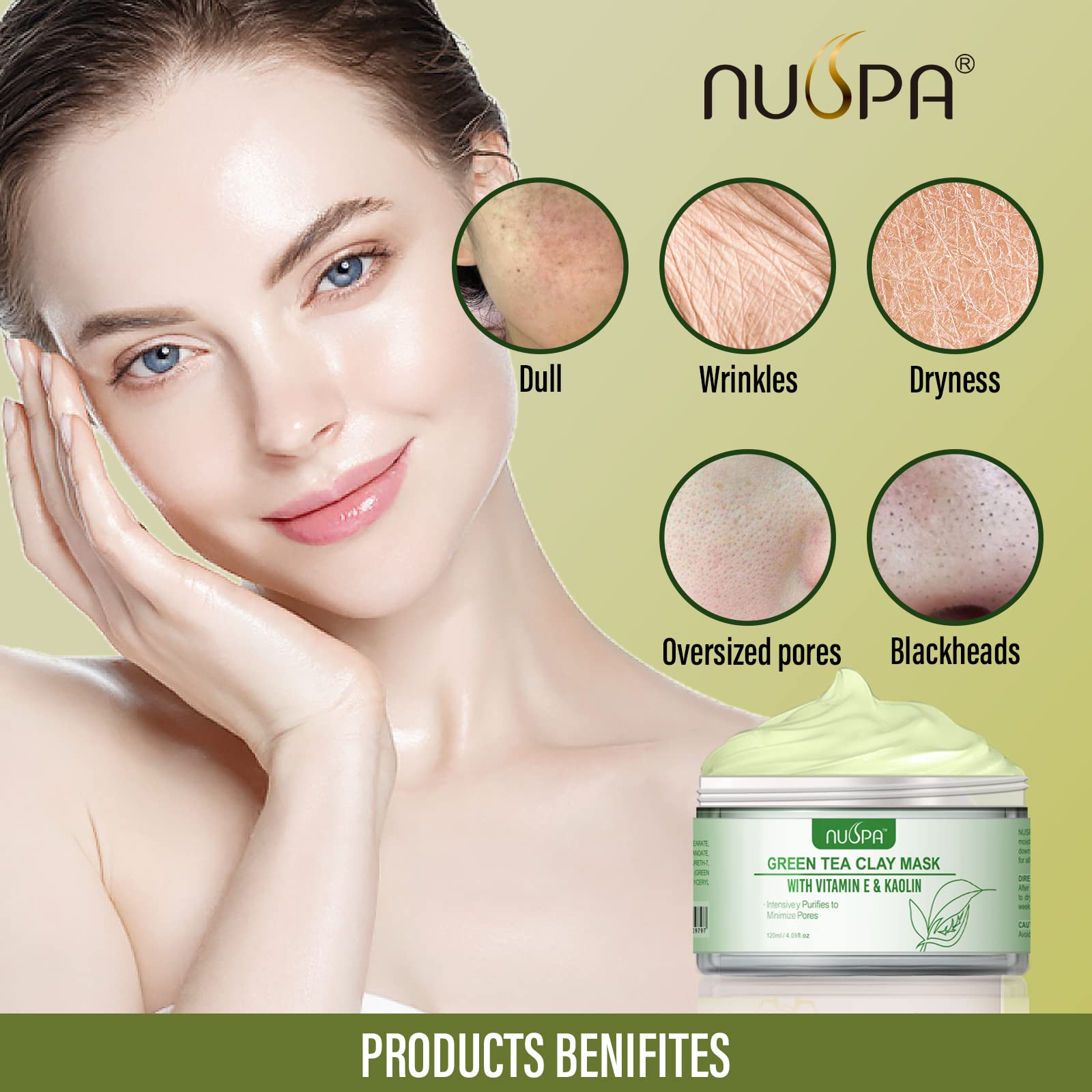 NUSPA Organic Green Tea Clay Face Mask Skincare, Wash Off Repairing Facial Mask,Anti Wrinkle Remove Dark Circle Foot Facial Skin Care Treatmet for Women,Men Daily