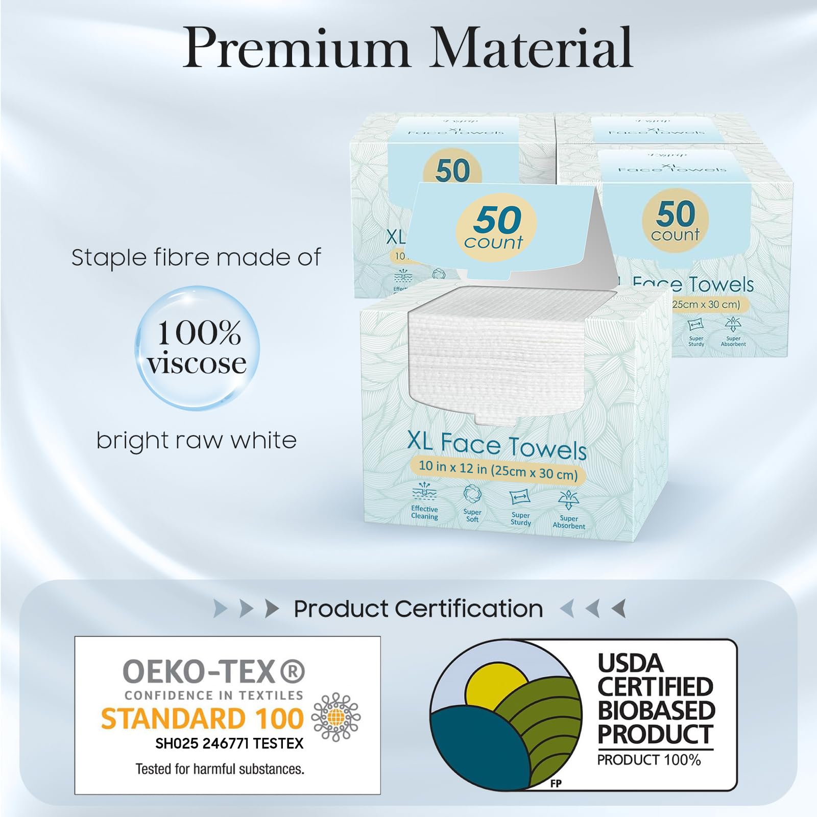 Fygrip 200 Count (4 Box) XL Disposable Face Towels 10” x 12”, 100% Viscose Fibre, Soft & Skin Friendly Face Towelettes Disposable, Facial Tissue Wipes for Women Cleansing