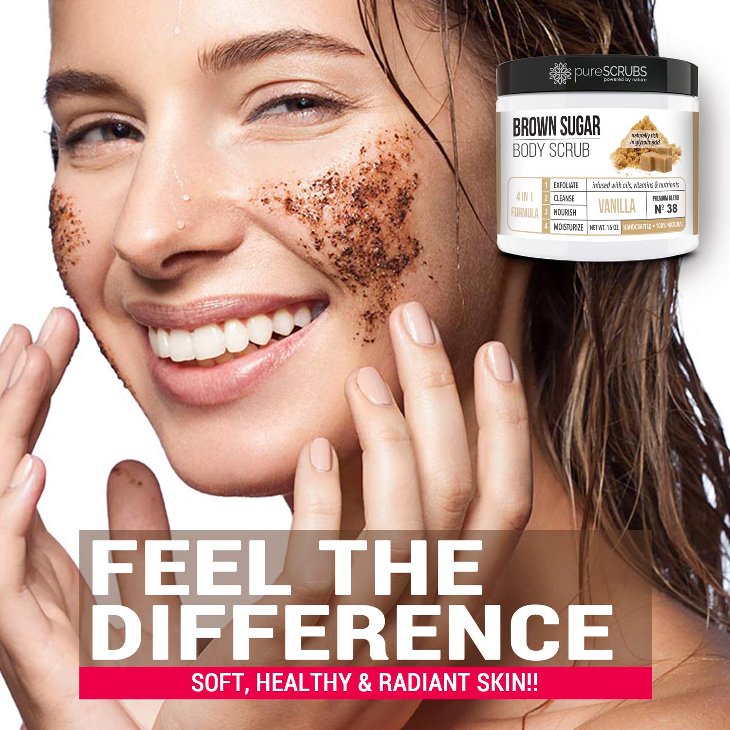 pureSCRUBS Premium Organic Brown Sugar VANILLA FACE & BODY SCRUB Set - Large 16oz, Infused With Organic Essential Oils & Nutrients INCLUDES Wooden Spoon, Loofah & Mini Exfoliating Bar Soap