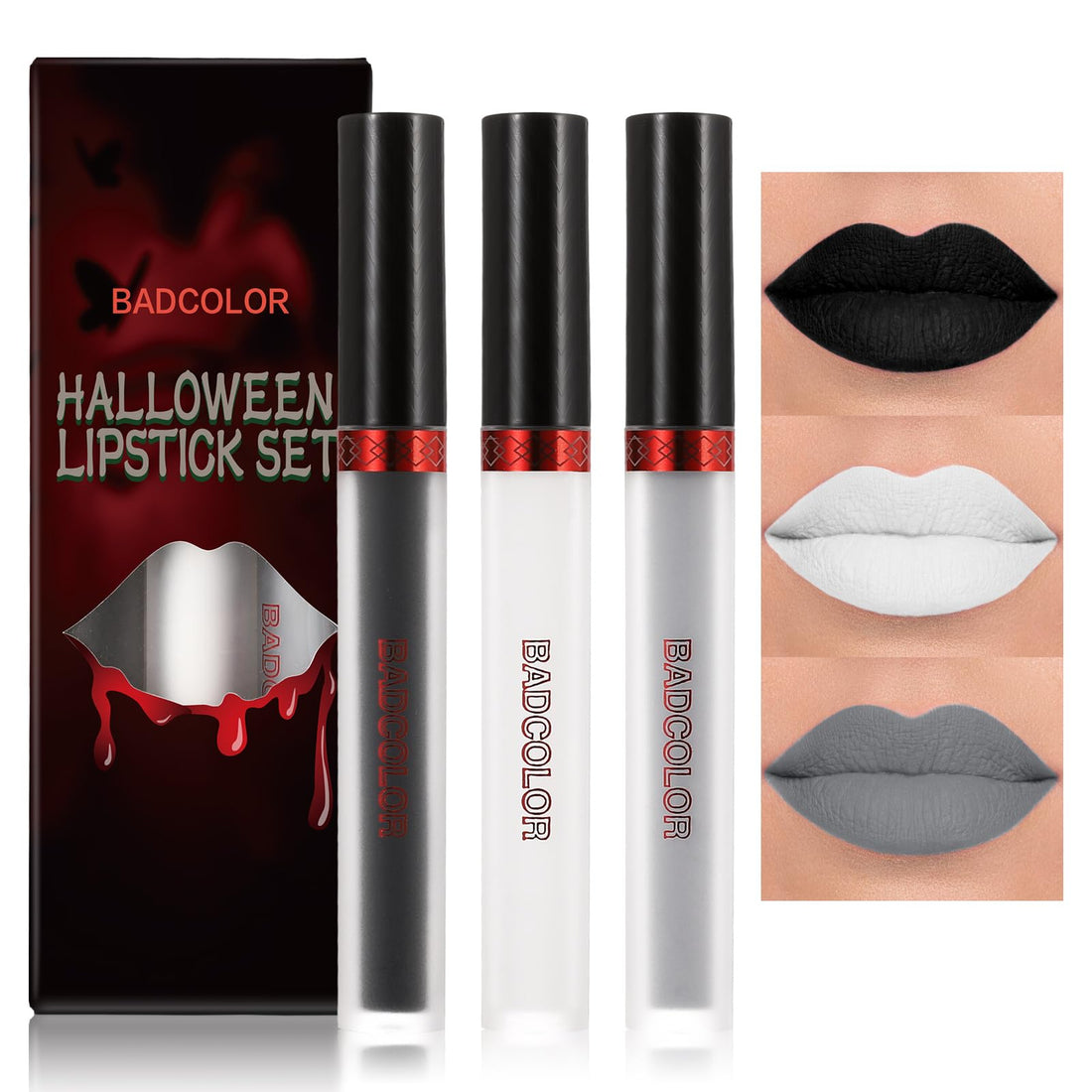 BADCOLOR 3 Colors Matte Liquid Lipstick Set, Black White Grey Halloween Makeup Lip Stain, Highly Pigmented Smudge Proof Waterproof Velvet Lip Gloss Set