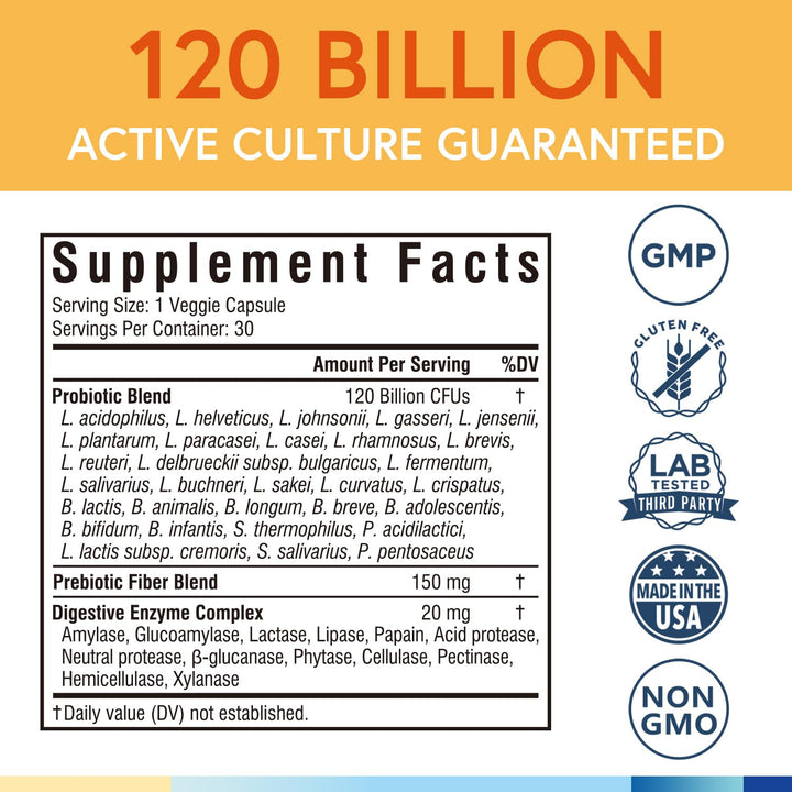 Terranics Probiotics 120 Billion with Prebiotics & Digestive Enzymes, 30 Tested Strains, Complete Digestion & Immune Support, Non-GMO, NO Soy, Dairy & Gluten, for Men and Women, 30 Veggie Capsules