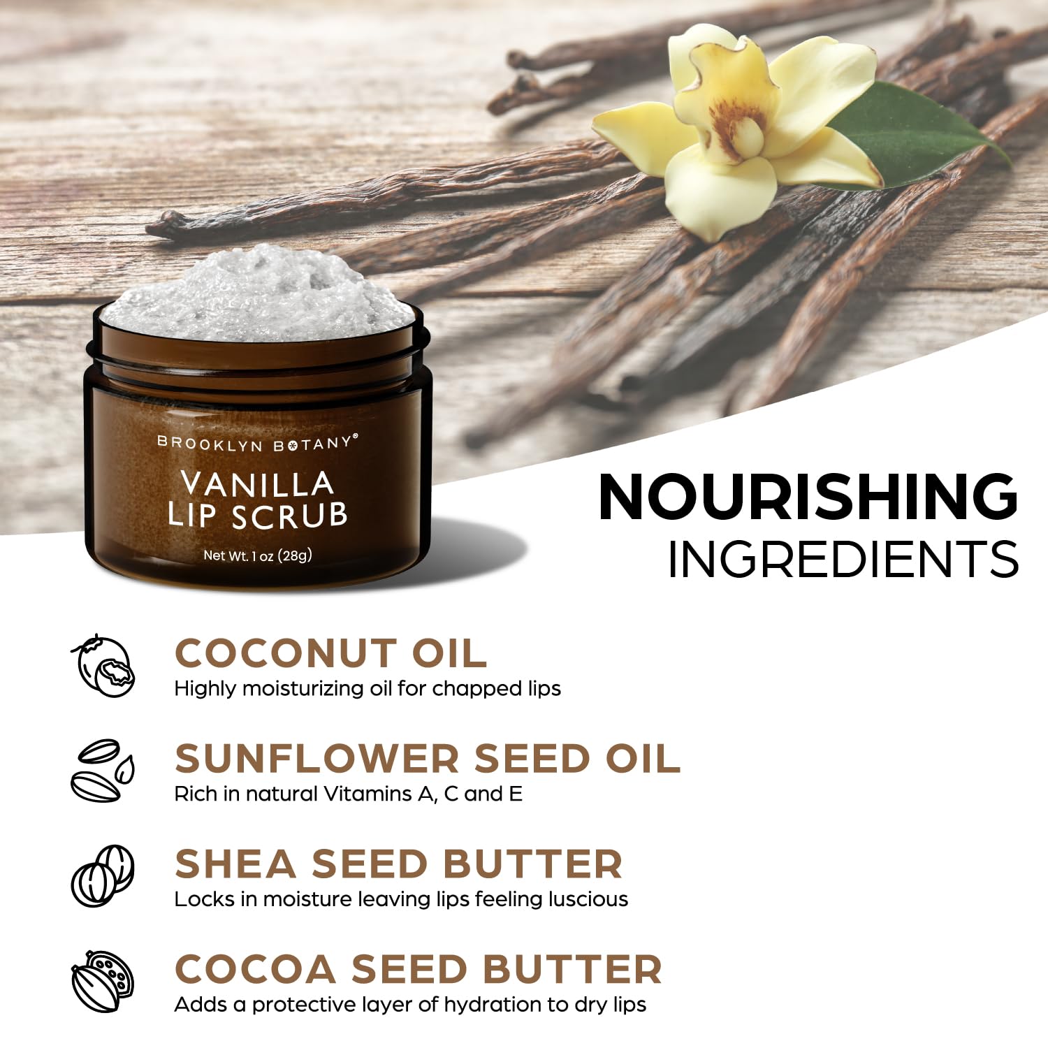 Brooklyn Botany Lip Scrub Exfoliator & Moisturizer for Dry Lips and Chapped Lips - Vanilla Flavor, 1 oz