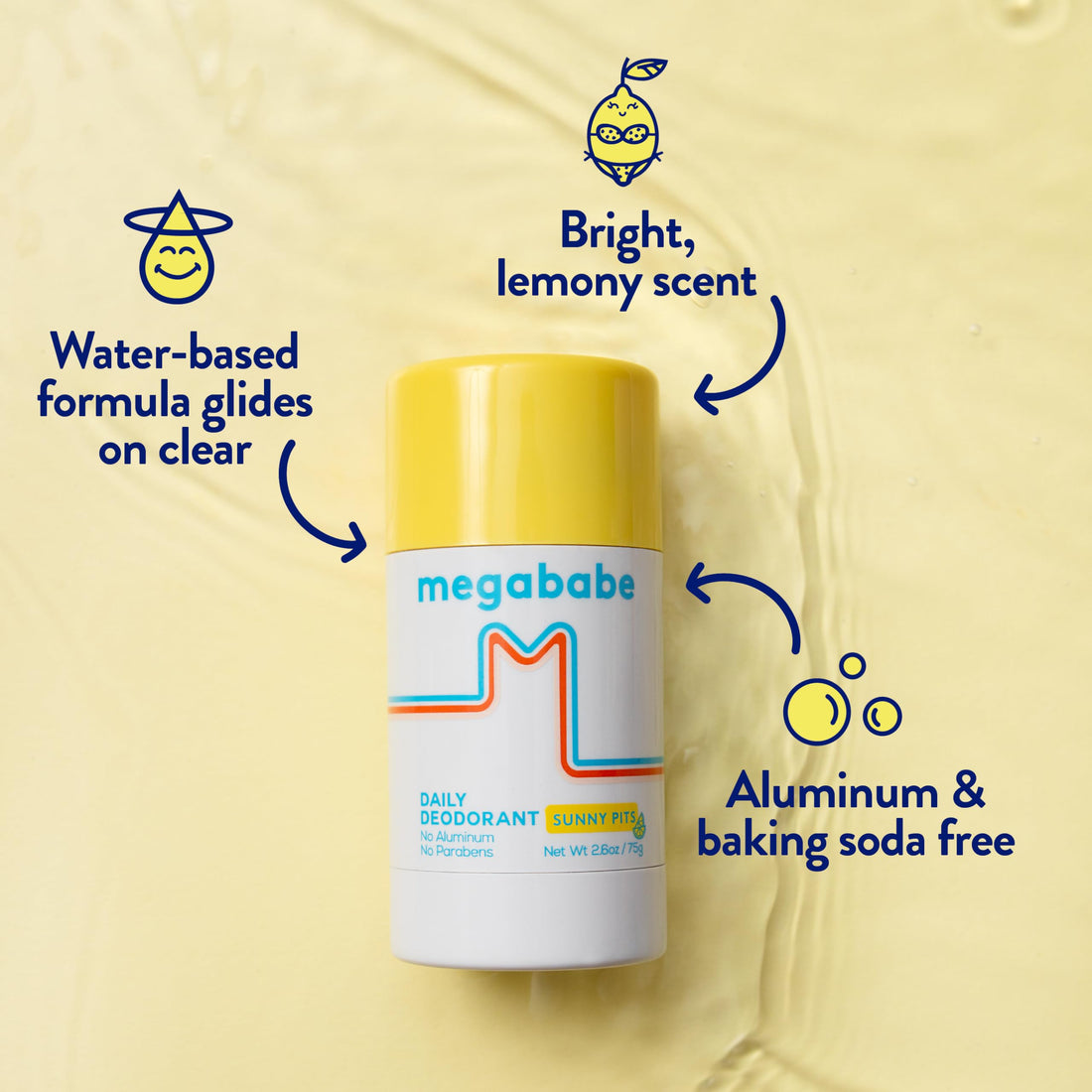 Megababe Daily Deodorant - Sunny Pits | Aluminum-Free, Clear & Clean | 2.6 oz