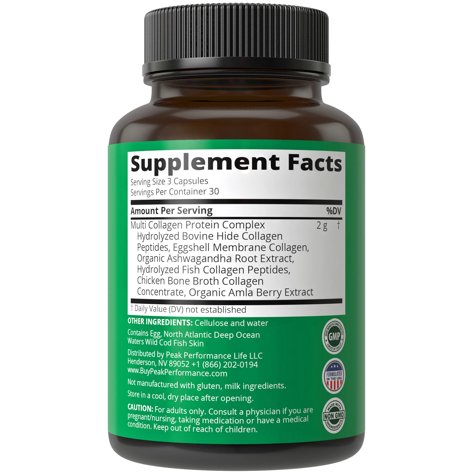 Peak Performance All 5 Multi-Collagen Capsules 90 Pills of Grass Fed Peptides Protein. with All 5 Collagen Types I, II, III,V, X. Grass Fed Beef, Fish, Chicken, Bone Broth Supplement