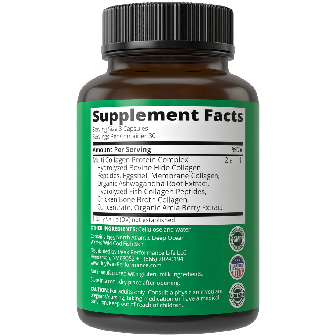 Peak Performance All 5 Multi-Collagen Capsules 90 Pills of Grass Fed Peptides Protein. with All 5 Collagen Types I, II, III,V, X. Grass Fed Beef, Fish, Chicken, Bone Broth Supplement