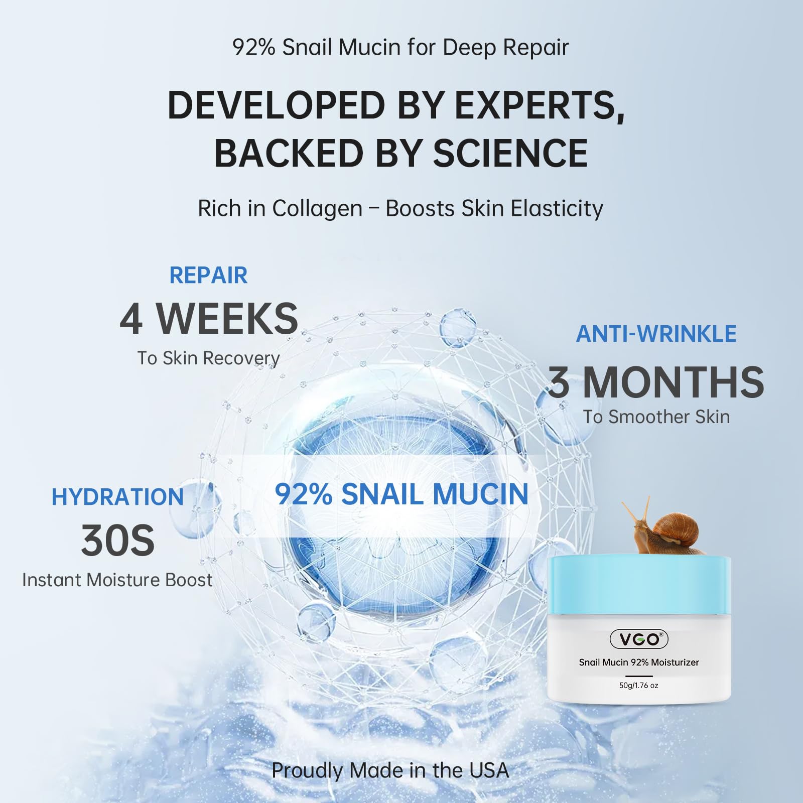 VGO Snail Mucin 92% Face Moisturizer – Anti Aging, Skin Repair & Hydrating Face Cream with Ceramide & Vitamin E, 1.76 oz