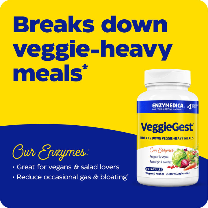 Enzymedica VeggieGest, Digestive Enzymes for Vegan, Vegetarian and Raw Diets, Prevents Gas and Bloating, 90 Count
