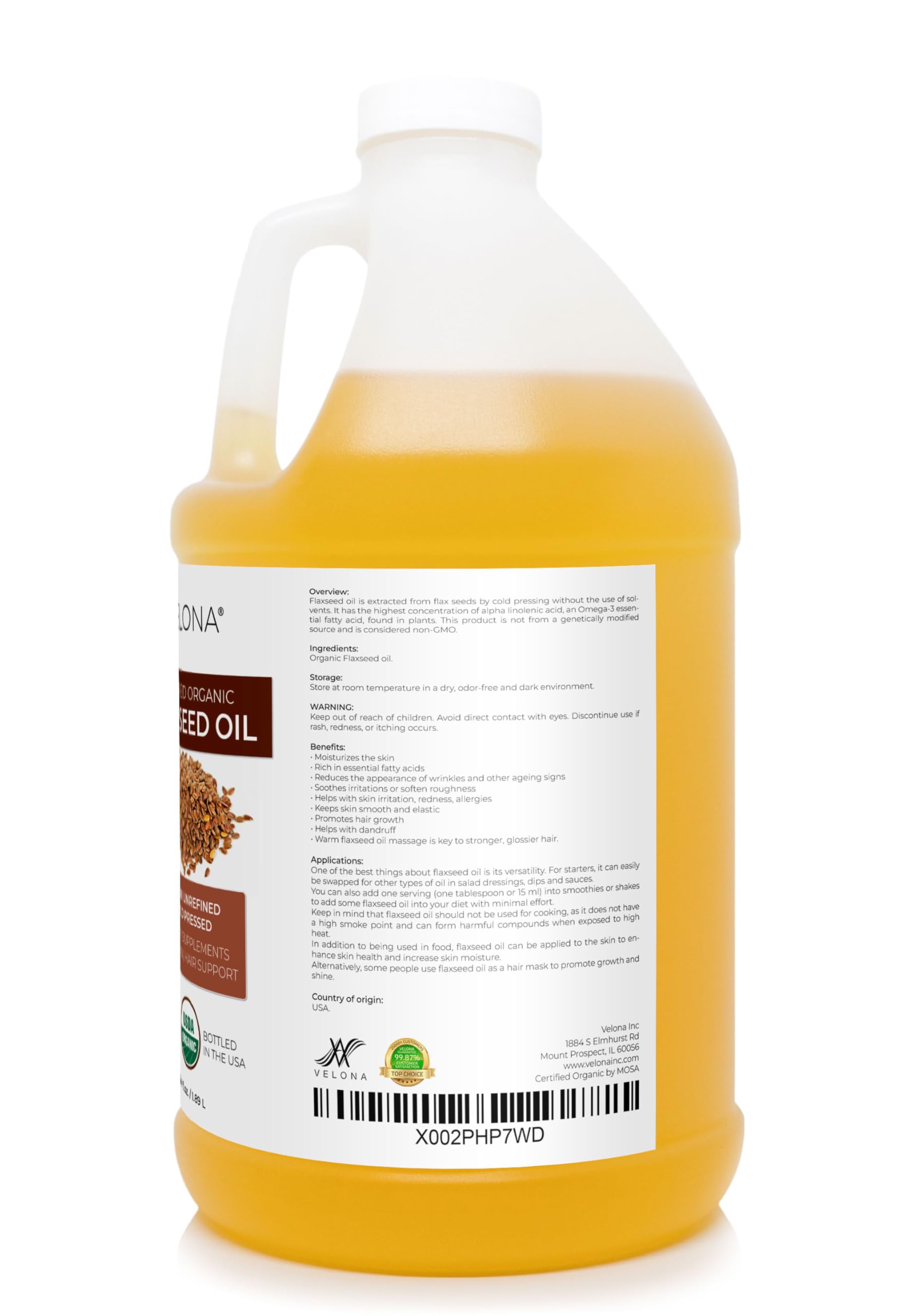 velona USDA Certified Organic Flaxseed Oil - 64 oz | 100% Pure and Natural Carrier Oil | Unrefined, Cold Pressed