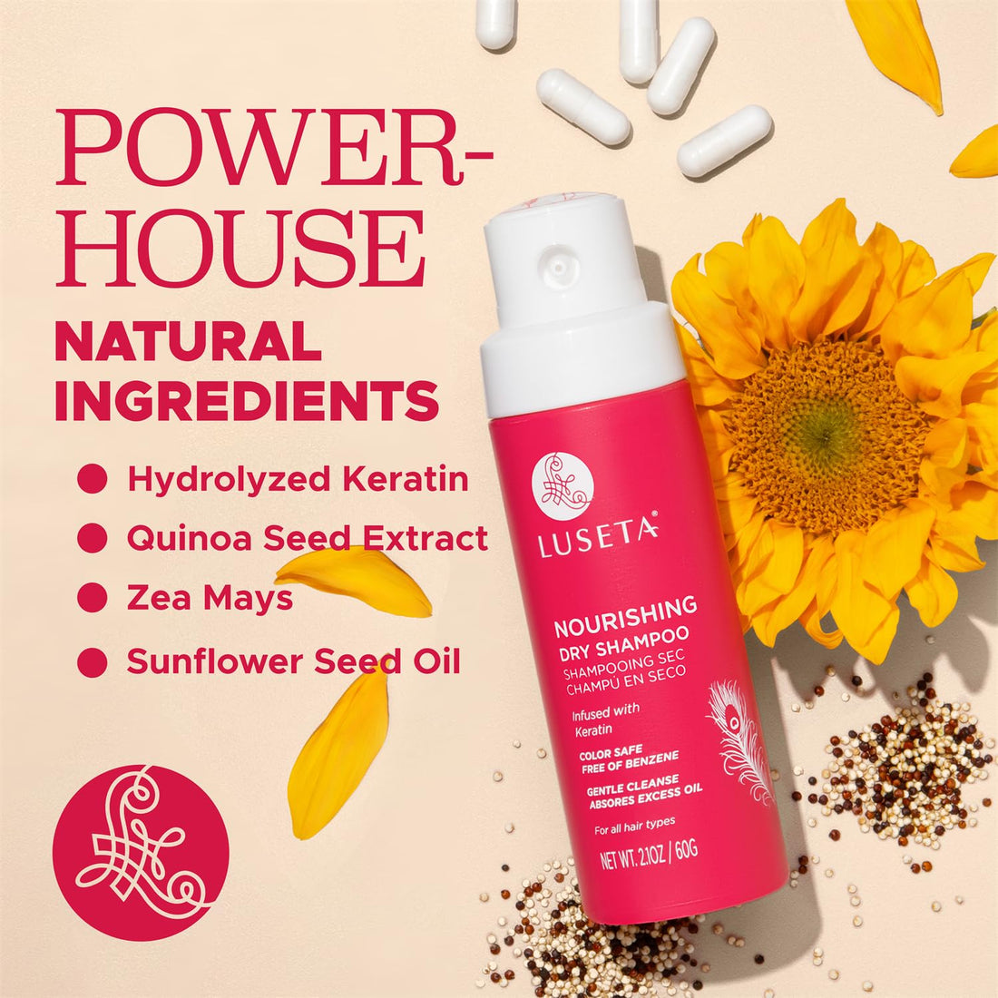 Luseta Nourishing Dry Shampoo Powder with Keratin for Damaged Hair, Travel Size Dry Shampoo Spray for Oily Hair, Strong Oil Control Boost Root with Non-Benzene Hair Care Spray for Women and Men 2.1oz