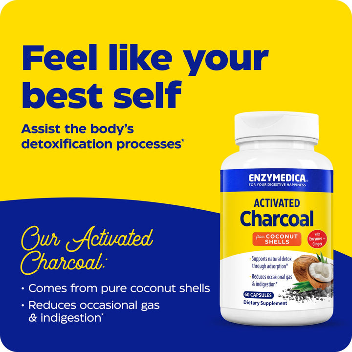 Enzymedica, Activated Charcoal, Reduces Occasional Gas, Bloating & Indigestion, Supports Natural Detox, 60 Count