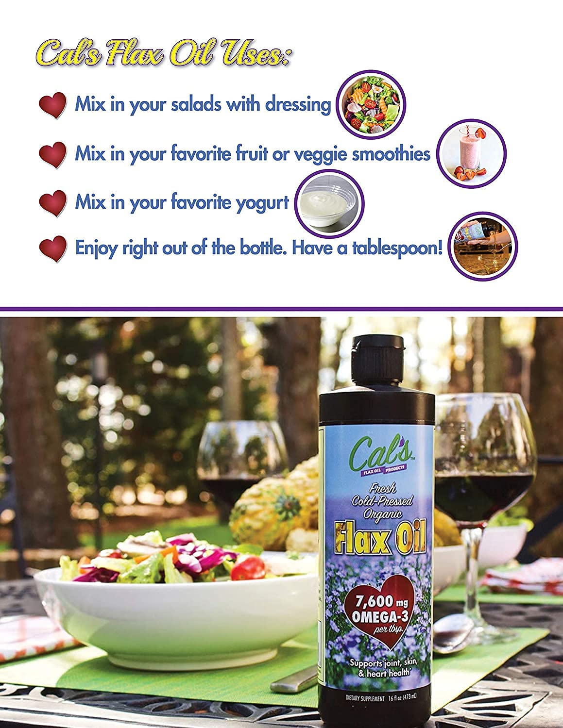 Cal's Flax Oil, Cold Pressed Flax seed, High in Omega 3 Fatty Acid, Unrefined Flax Seed Oil, Pure Flax Seed Oil Liquid Supplement for Joint, Skin, and Heart Health Support - 32 oz