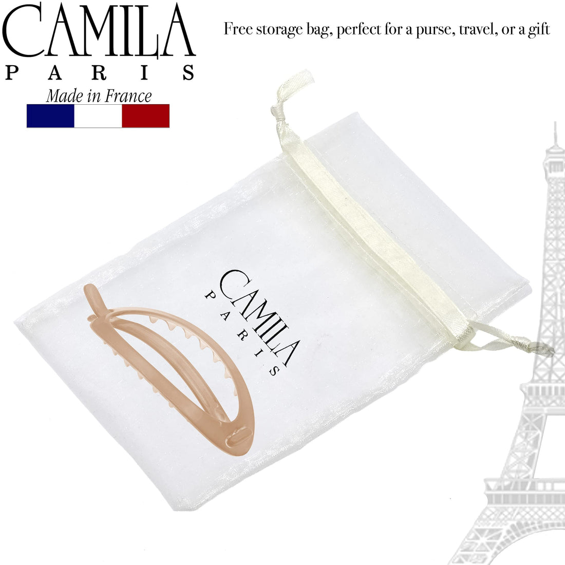 Camila Paris French Hair Barrettes, Flexible Ponytail Holder No Metal Parts, Strong Hold Grip Hair Clips for Women, No Slip and Durable Styling Girls Hair Accessories, Made in France