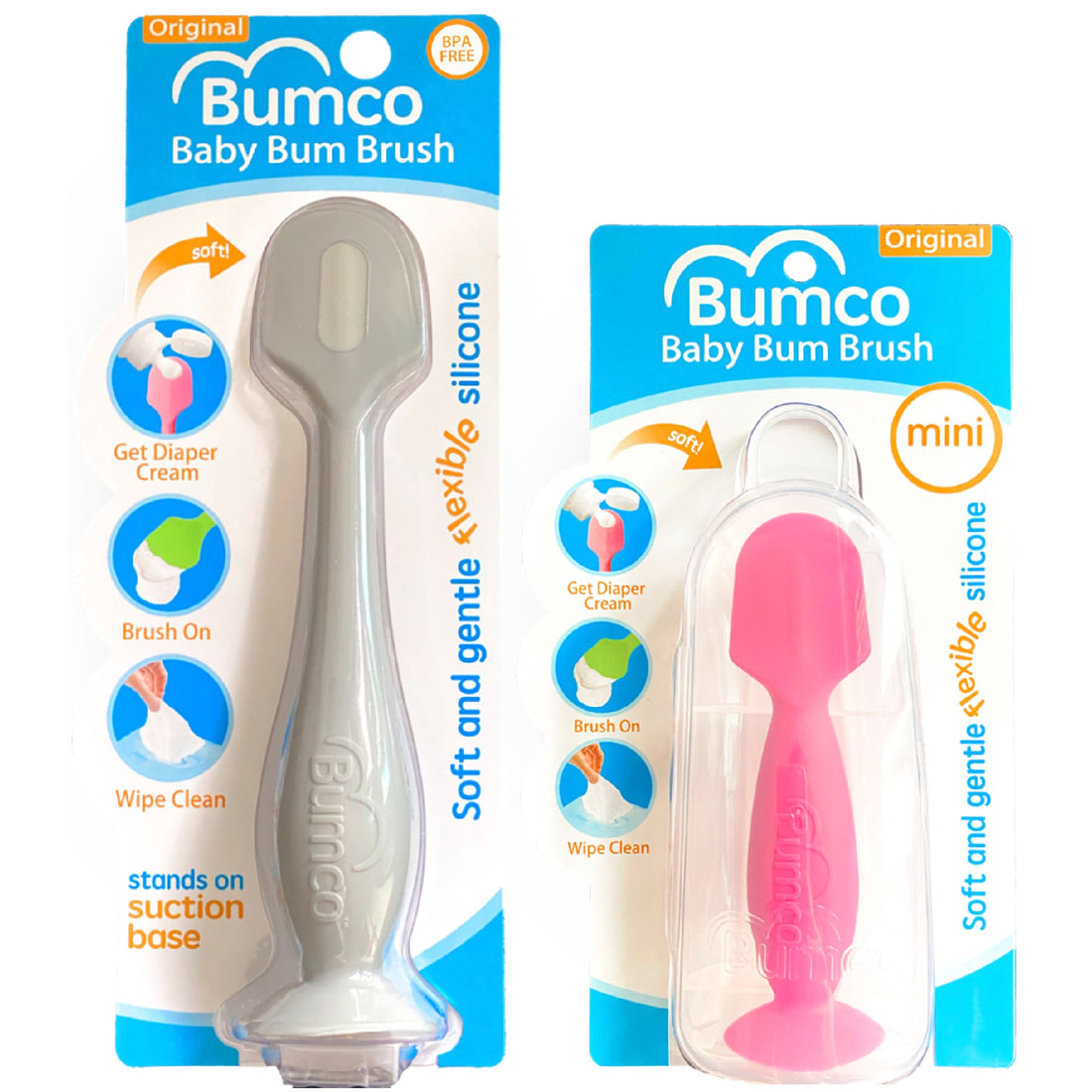 Bumco Baby Bum Brush + Mini Diaper Cream Spatula with Case - BPA-Free Butt Spatula Baby, Soft Diaper Spatula, Baby Diaper Cream Applicator, Mom-Invented Diaper Bag Essentials, Butt Spatula