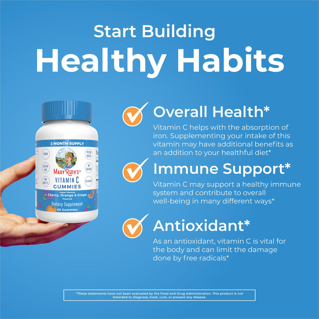 MaryRuth Organics Vegan Vitamin C Gummies | 2 Month Supply | Immune Support Supplement | Adults & Kids Vitamin C | Chewable Vitamin C Gummy Vitamins | Non GMO | Pectin Based | 60 Count