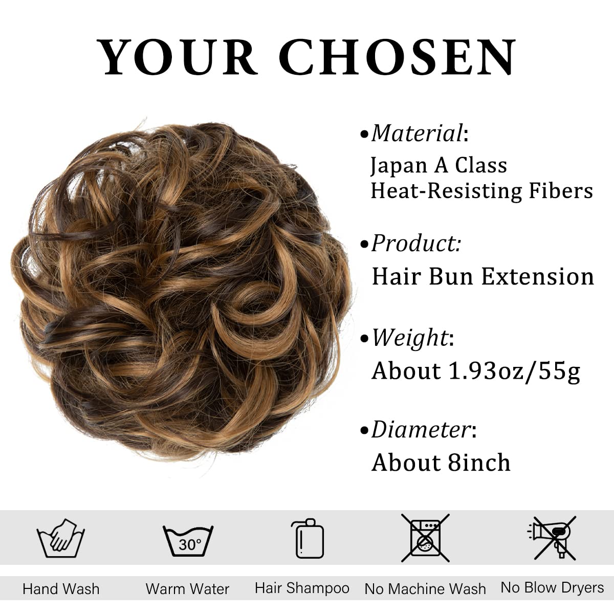 CJL HAIR Large Messy Bun Hair Piece Wavy Curly Scrunchies Synthetic Chignon Ponytail Hair Extensions Thick Updo Hairpieces for Women Dark Brown/Golden Blonde