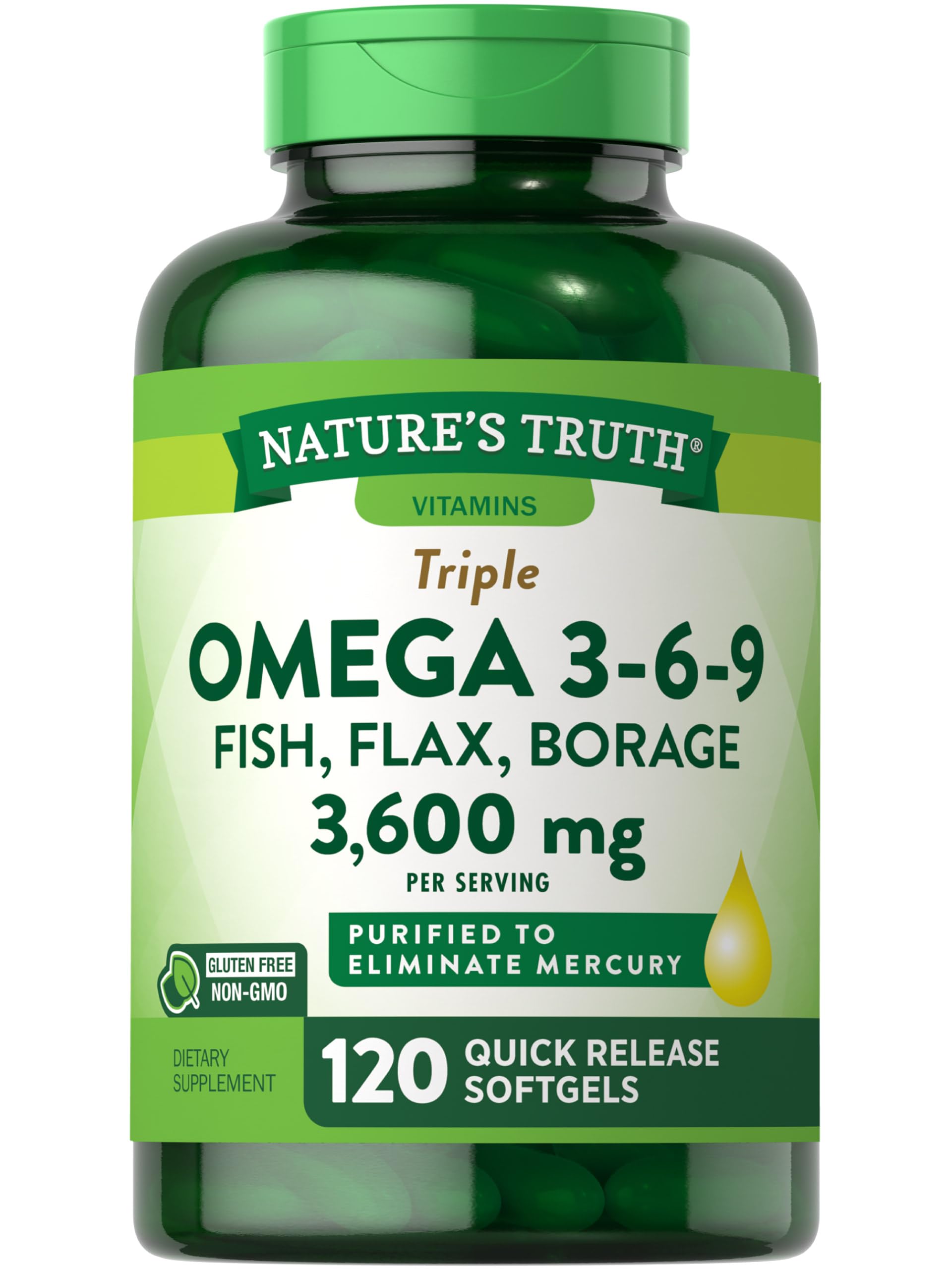 Nature's Truth Omega 3-6-9 Softgels | 3600mg | 120 Count | Fish, Flax, & Borage Oil | Triple Strength | Non-GMO & Gluten Free Supplement
