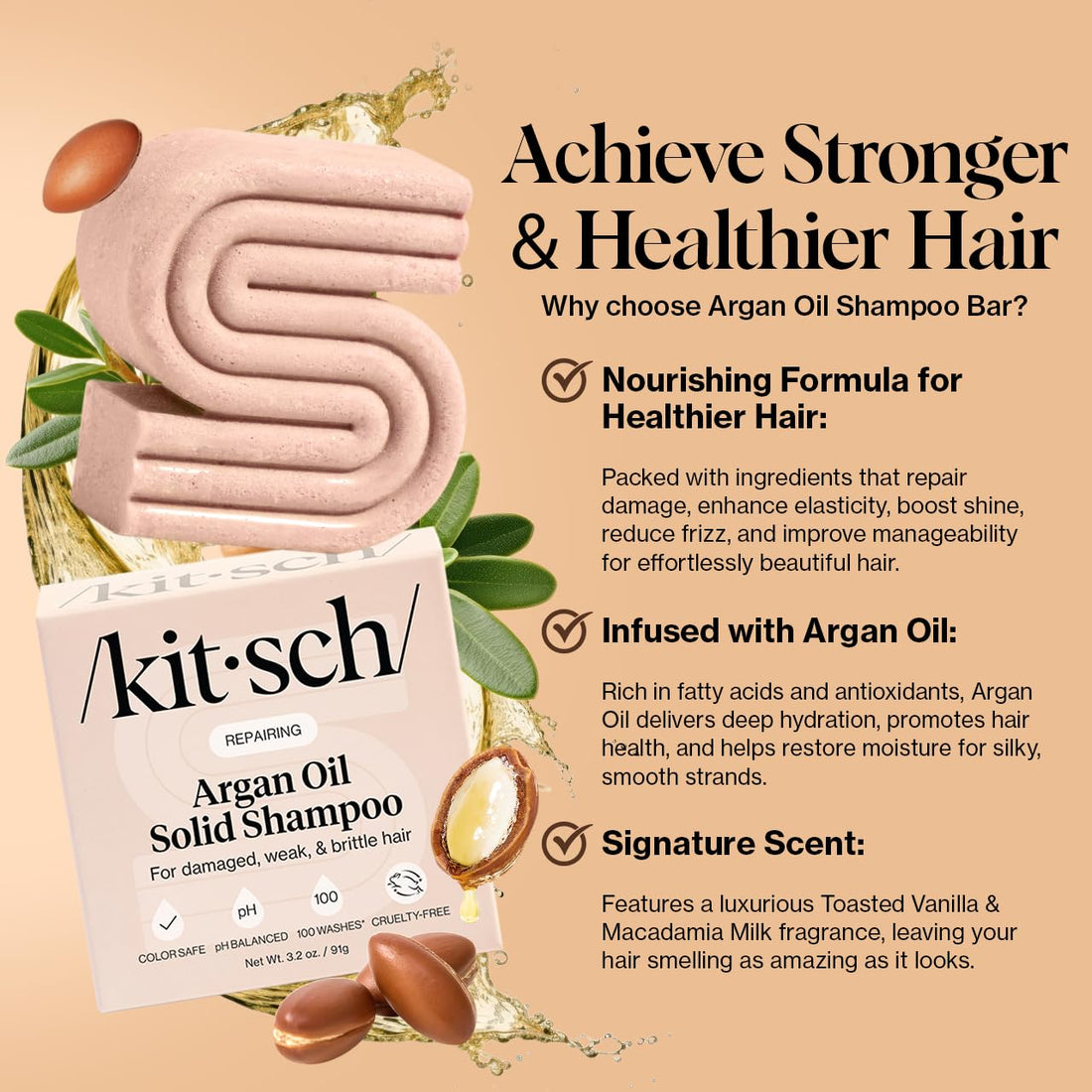 Kitsch Repairing Argan Oil Solid Shampoo Bar for Hair Care – Vegan, All Natural, Made in USA, Paraben-Free, Sulfate-Free, for Damaged, Weak, and Brittle Hair, 3.2 oz