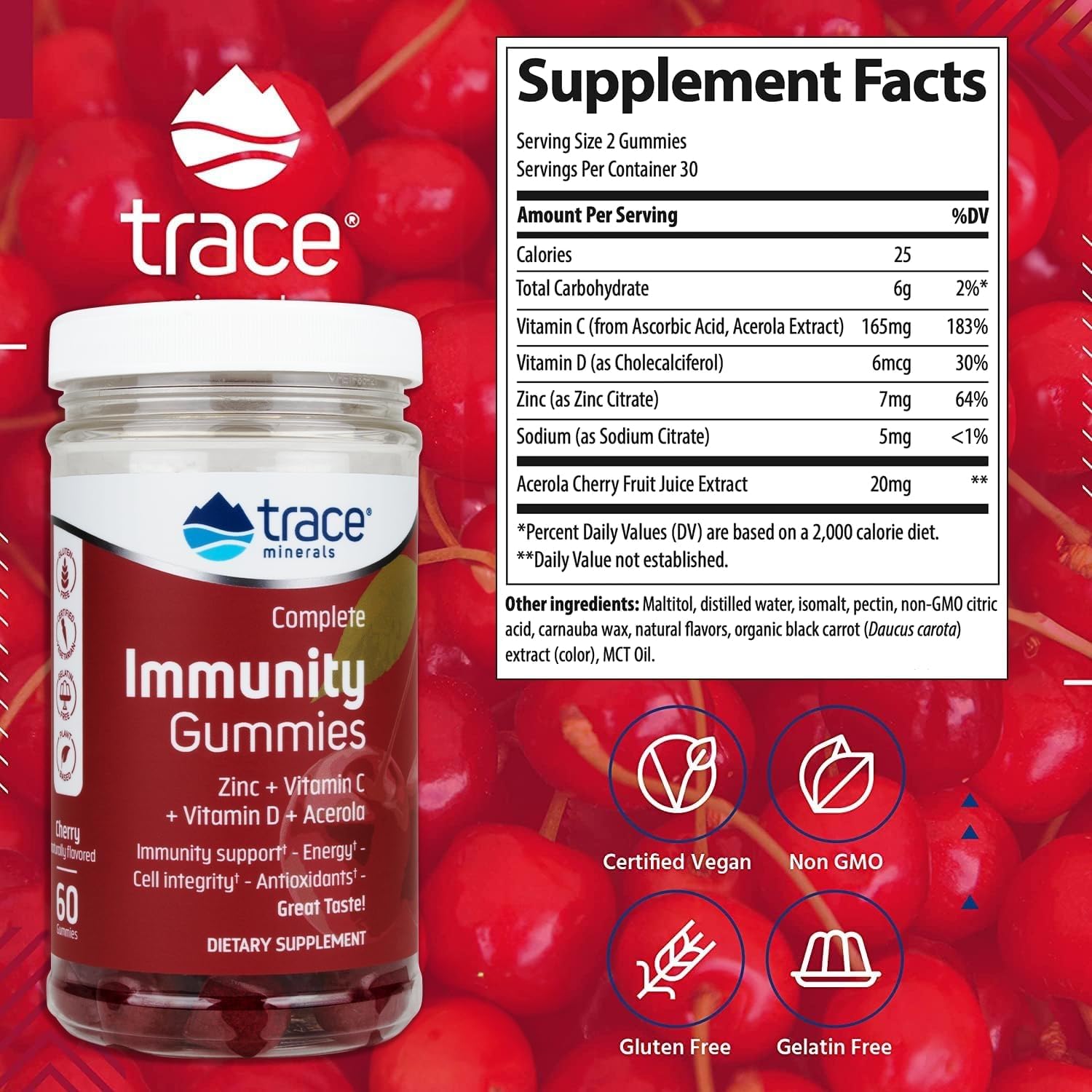 Trace Minerals Immunity Gummies - Support Healthy Immune System Function - Zinc & Vitamin C Supplement with Antioxidant Properties - Supplement with Vitamin D - Cherry, 60 Gummies (30 Servings)