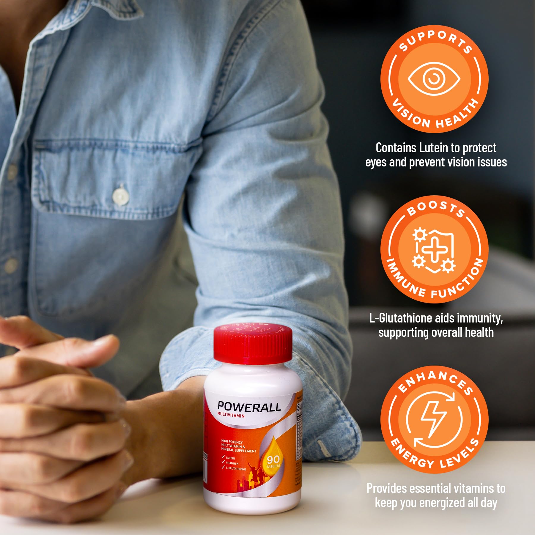 PowerAll Multivitamin & Mineral Supplement – Supports Immune Health, Eye & Circulatory Health for Adults – High Potency Formula with Lutein, L-Glutathione, & Vitamin K – Non-GMO, 90 Count