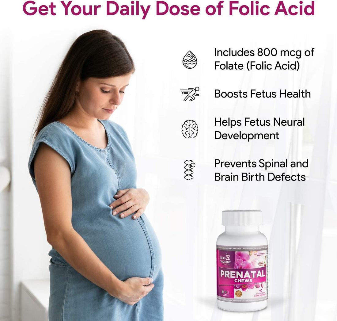 Nutri Supreme Prenatal Vitamin, Chewable Prenatal Vitamins for Women with 800 MCG of Folate, Complete Pregnancy Multivitamin with Iron, Kosher, Cherry Flavor, 90 Count