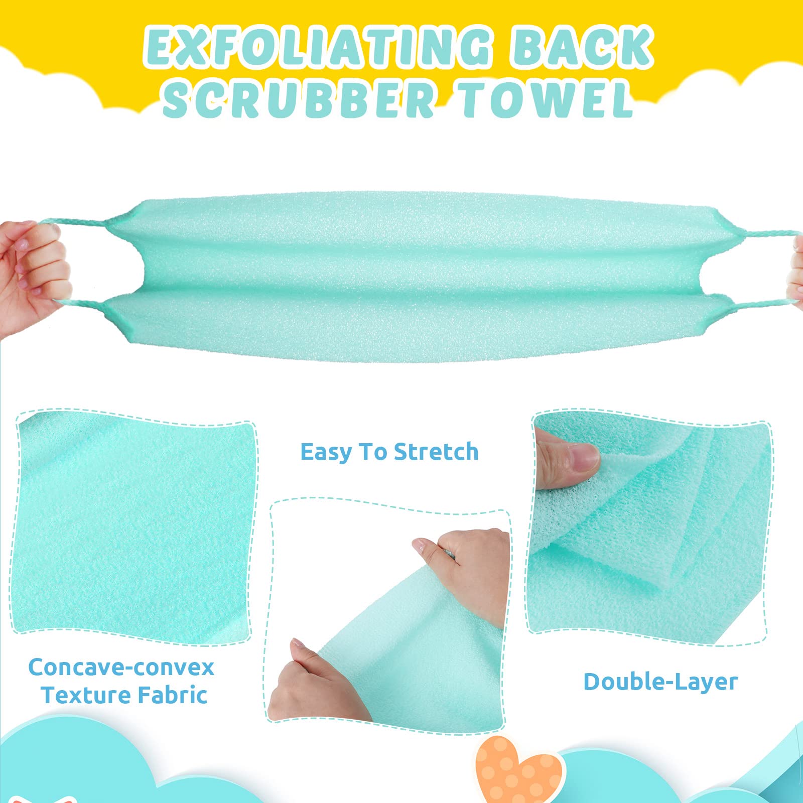 3 Pack Exfoliating Back Scrubber with Handles Exfoliating Washcloth Nylon Extended Length Body Exfoliator Brush Stretchable Pull Strap Back Washer for Shower Long Bath (Pink, Blue, Yellow)