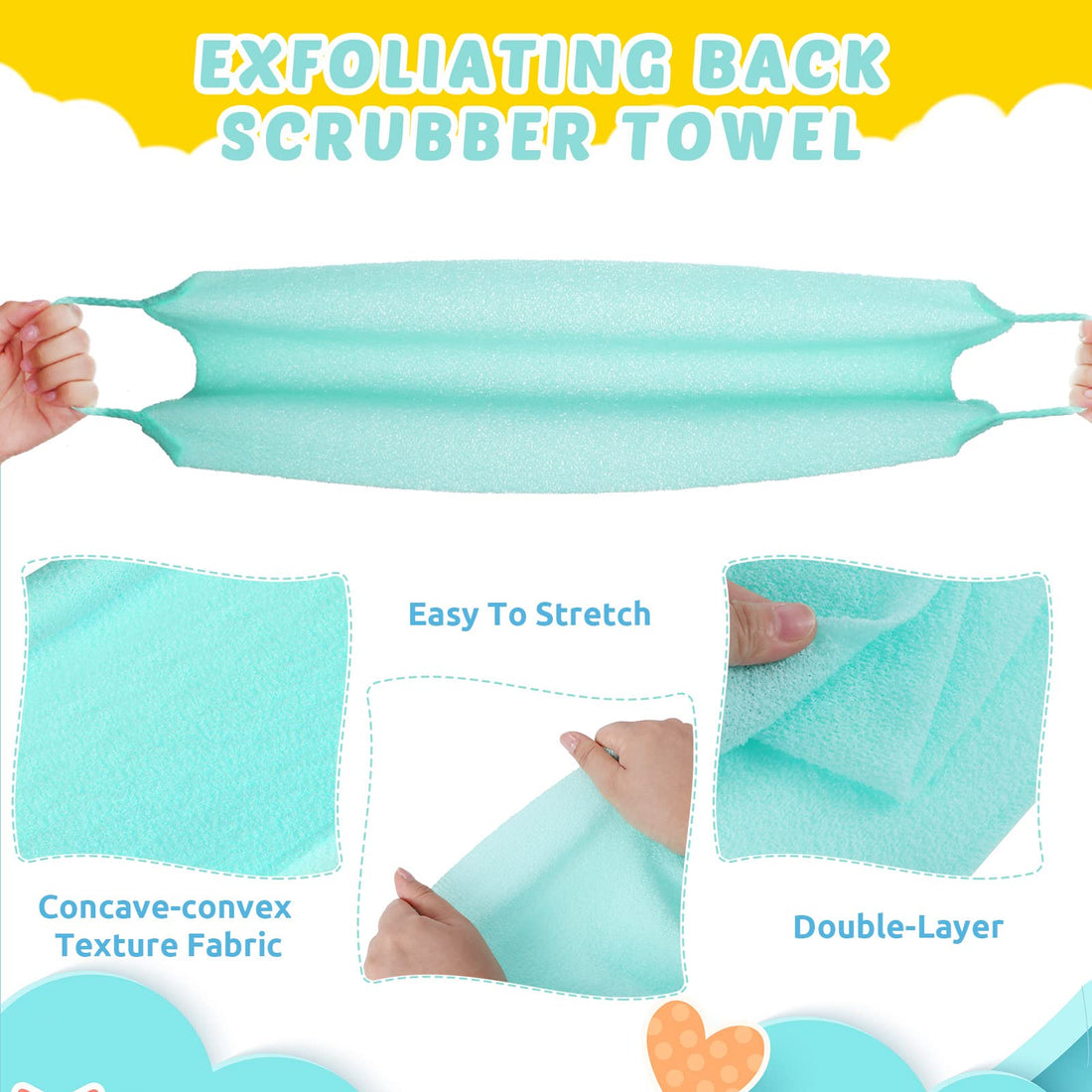 3 Pack Exfoliating Back Scrubber with Handles Exfoliating Washcloth Nylon Extended Length Body Exfoliator Brush Stretchable Pull Strap Back Washer for Shower Long Bath (Pink, Blue, Yellow)