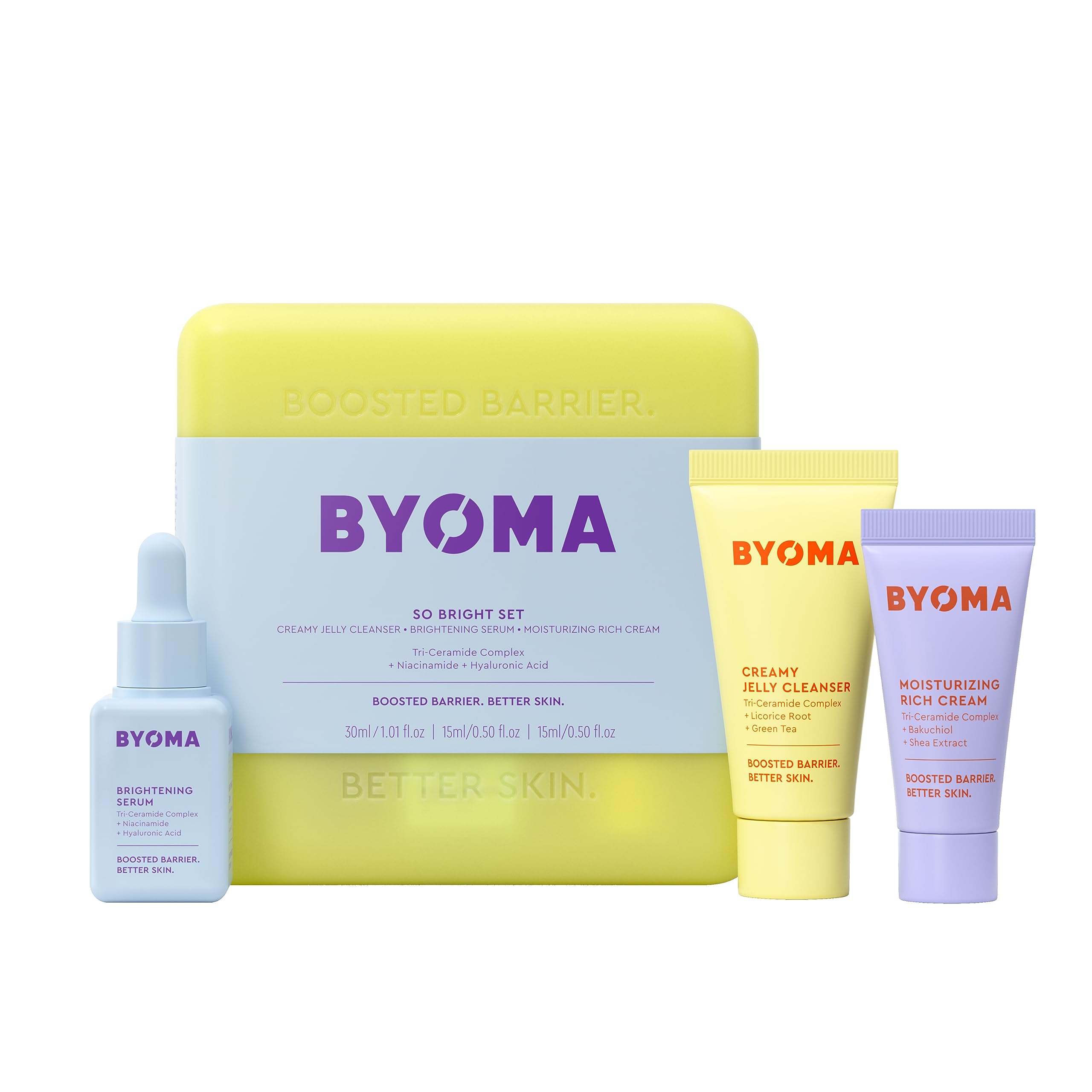 BYOMA So Bright Set - Barrier Repair Skincare Set for Brighter Skin - Creamy Jelly Cleanser, Brightening Face Serum & Ceramide Face Moisturizer - Alcohol Free Skin Care - 30ml, 15ml, 15ml