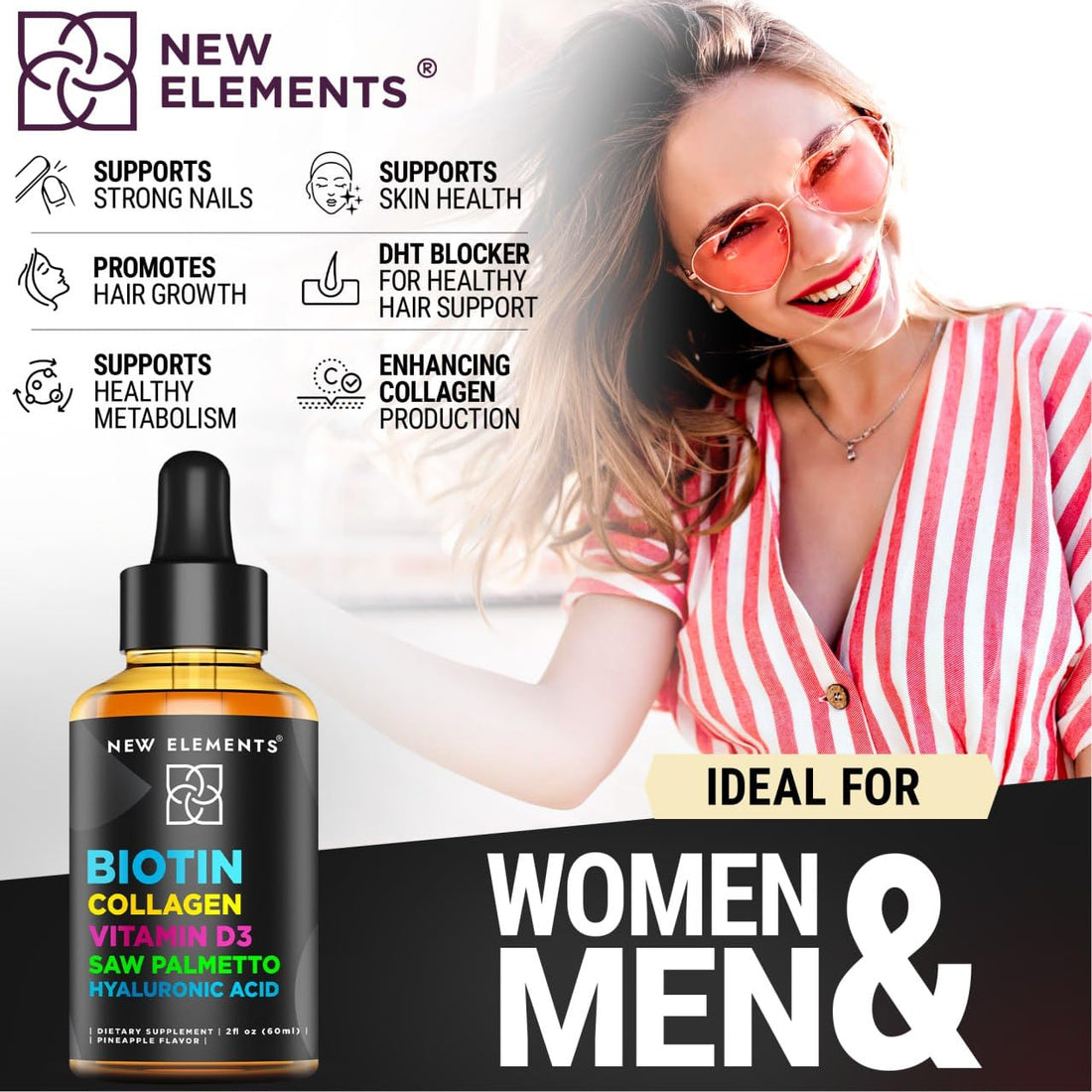 Liquid Biotin Drops with Collagen Vitamin D3 Saw Palmetto & Hyaluronic Acid for Hair Skin and Nails, Hair Growth Supplement for Men & Women | Non-GMO | Gluten-Free