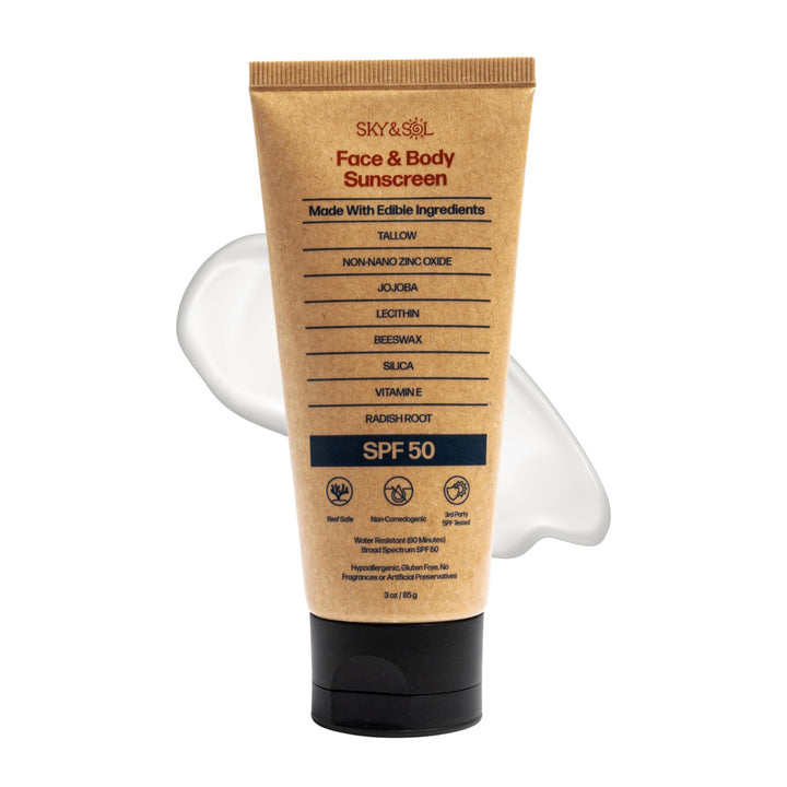 Sky and Sol Non-Toxic Natural Mineral Sunscreen SPF 50 | Safest Organic Natural Tallow & Zinc Oxide Sunblock | Reef Safe, Clean Non-Greasy Formula for Face and Body | Women and Men. 3 oz (85 g)