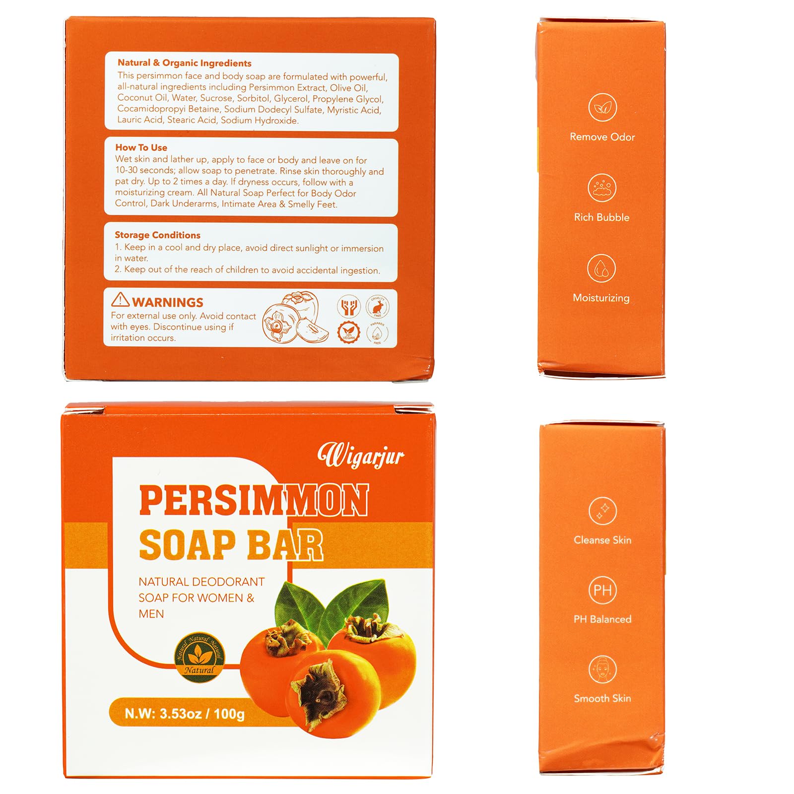 3 PCS Persimmon Soap Bar for Old People Smell, Natural Deodorant Body Face Bar Soap for Body Odor Control, Remove Bad Body Odor, Men & Women Deodorizing, Handmade Body Deeply Cleansing Bar Soap