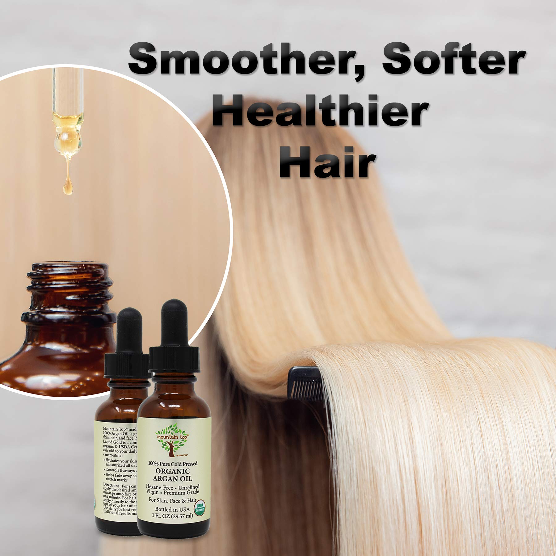 MOUNTAIN TOP Argan Oil USDA Organic 100% Pure Cold Pressed Unrefined - Premium Grade Pure Moisturizer for Dry & Damaged Skin, Hair, Face, Body, Scalp & Nails