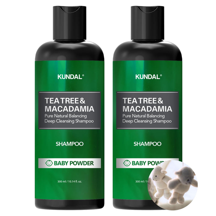KUNDAL Tea Tree & Macadamia Deep Cleansing Shampoo - Korean Hair Care, Scalp Care, Tea Tree extract, For All hair Types 10.14fl oz each (Pack of 2) (Baby Powder)