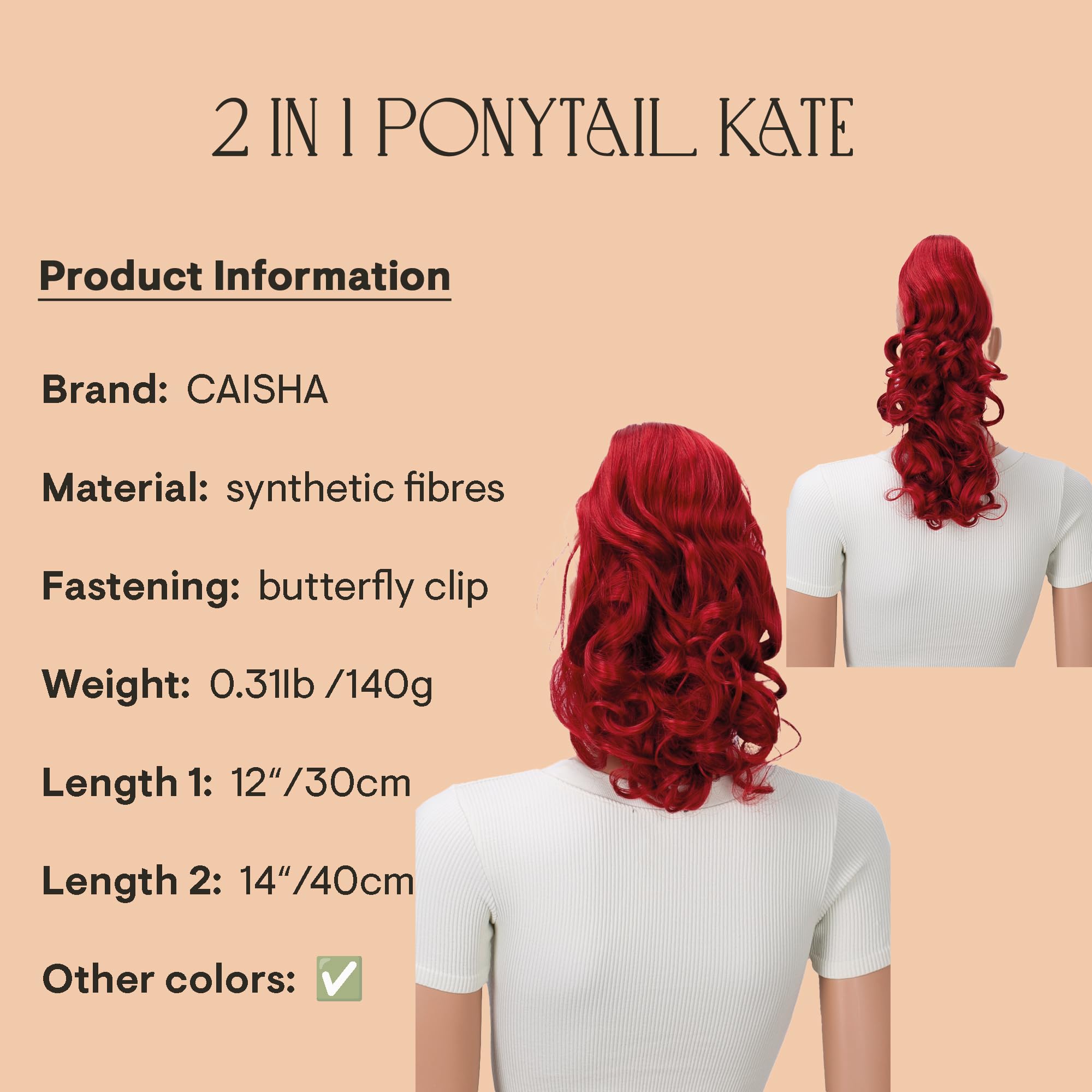 intense red #3100 H10-2 : PRETTYSHOP 16 OR 20 Hair Piece Clip On Pony Tail Extension 2 IN 1 Curled Wavy Heat-Resisting intense red #3100 H10-2