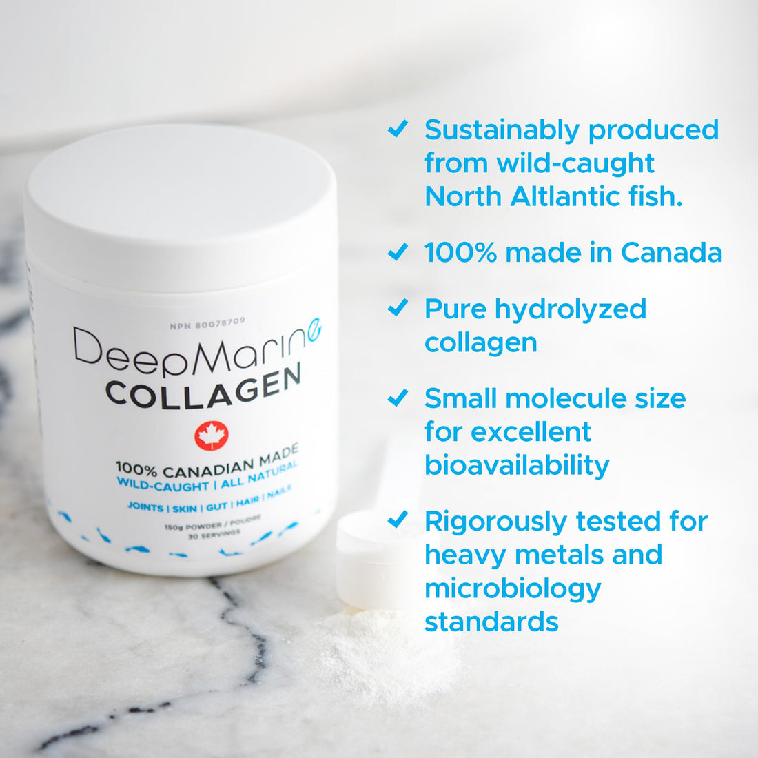 DeepMarine Collagen 100% Canadian Made Collagen Peptides, Wild-Caught Collagen Powder, Hydrolyzed Marine Collagen - 30 Day Supply - Gluten-Free, Tasteless, Odourless, Keto and Paleo Friendly