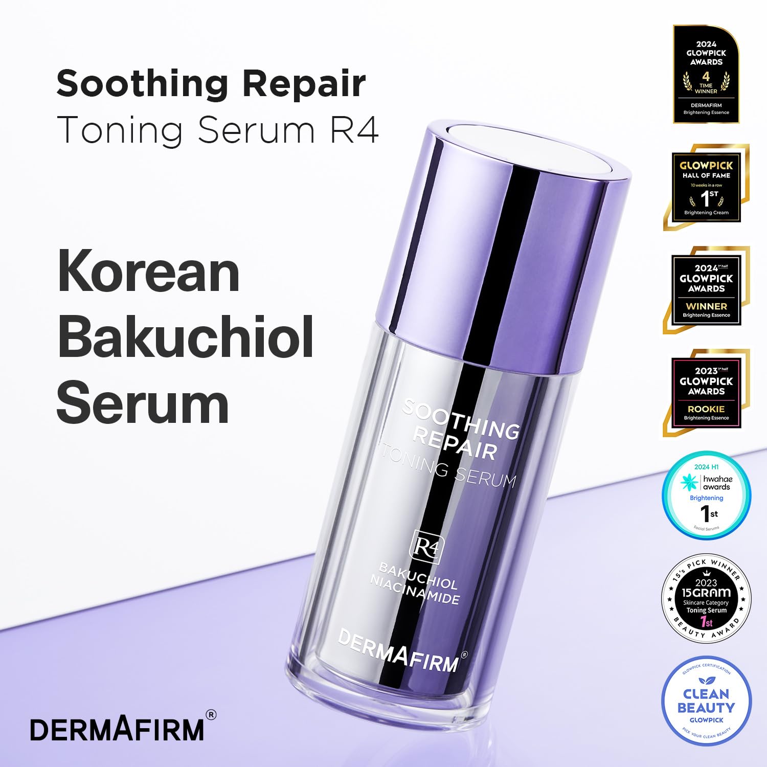 DERMAFIRM Soothing Repair Toning Serum R4 | Korean Bakuchiol Face Serum w/Niacinamide & Peptides | Calming and Correcting Facial Serum | No Animal Trials No Parabens 1.01 fl oz