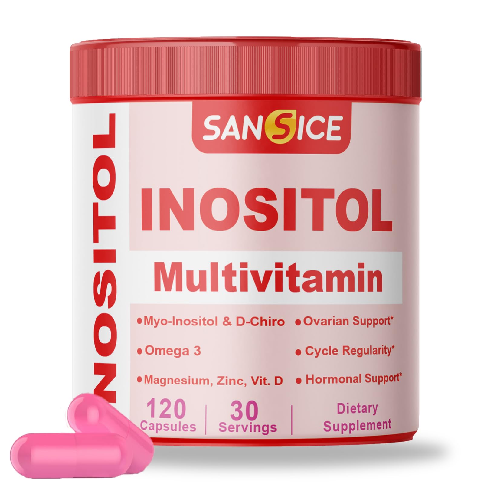 SANSICE Inositol Multivitamin Capsules, 2000mg Myo-Inositol & 50mg D-Chiro Inositol 40:1 Blend, Vitamin B8 Supplement for Female Hormone (120 Capsules)