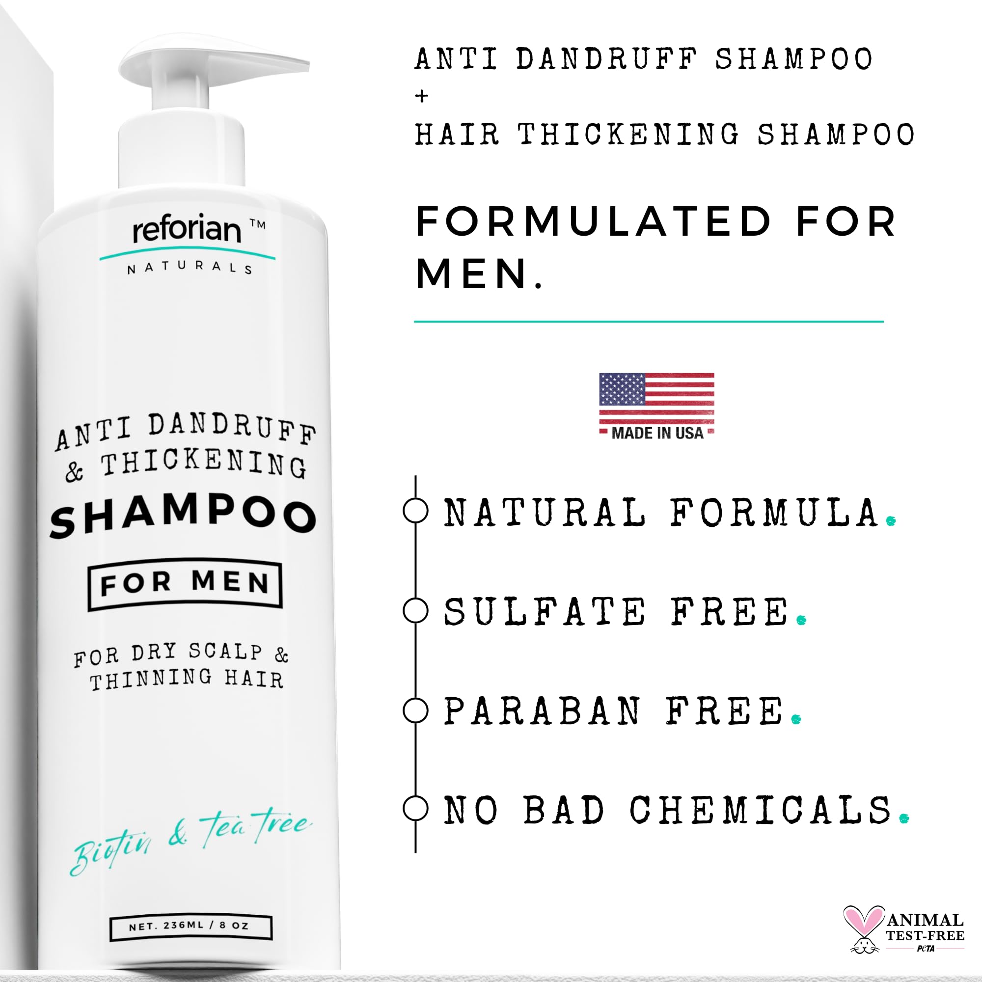 REFORIAN Anti Dandruff Shampoo for Men Tea Tree Oil Shampoo for Dandruff Treatment Natural Zinc Shampoo for Thinning Hair Thickening Shampoo for Men Hair Loss Mens Biotin Shampoo