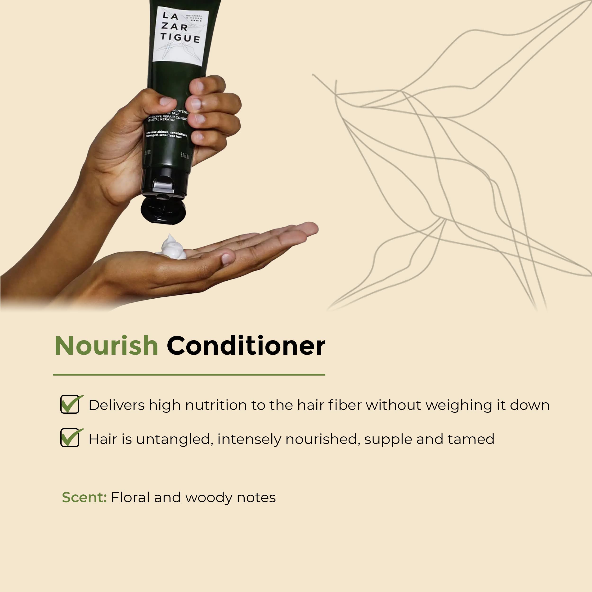 Lazartigue Nourish Conditioner, Enriched with Shea Butter, Intensely Nourishes & Softens Dry Hair, Easier to Detangle, Lastingly Disciplined, Shiny, Vegan 5.1 fl Oz