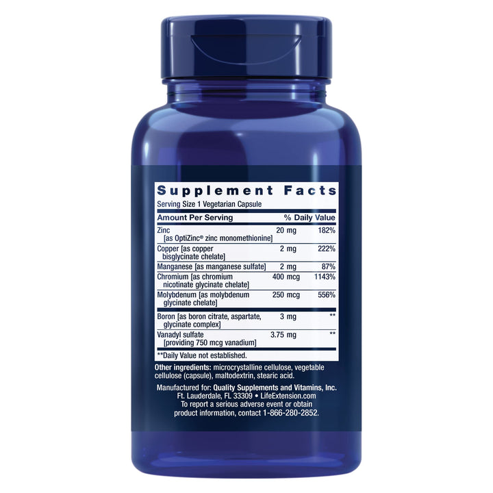 Life Extension Only Trace Minerals, a Daily dose of zinc, Chromium, Boron, Copper, Manganese, Vanadyl sulfate, Gluten-Free, Non-GMO, Vegetarian, 90 Capsules