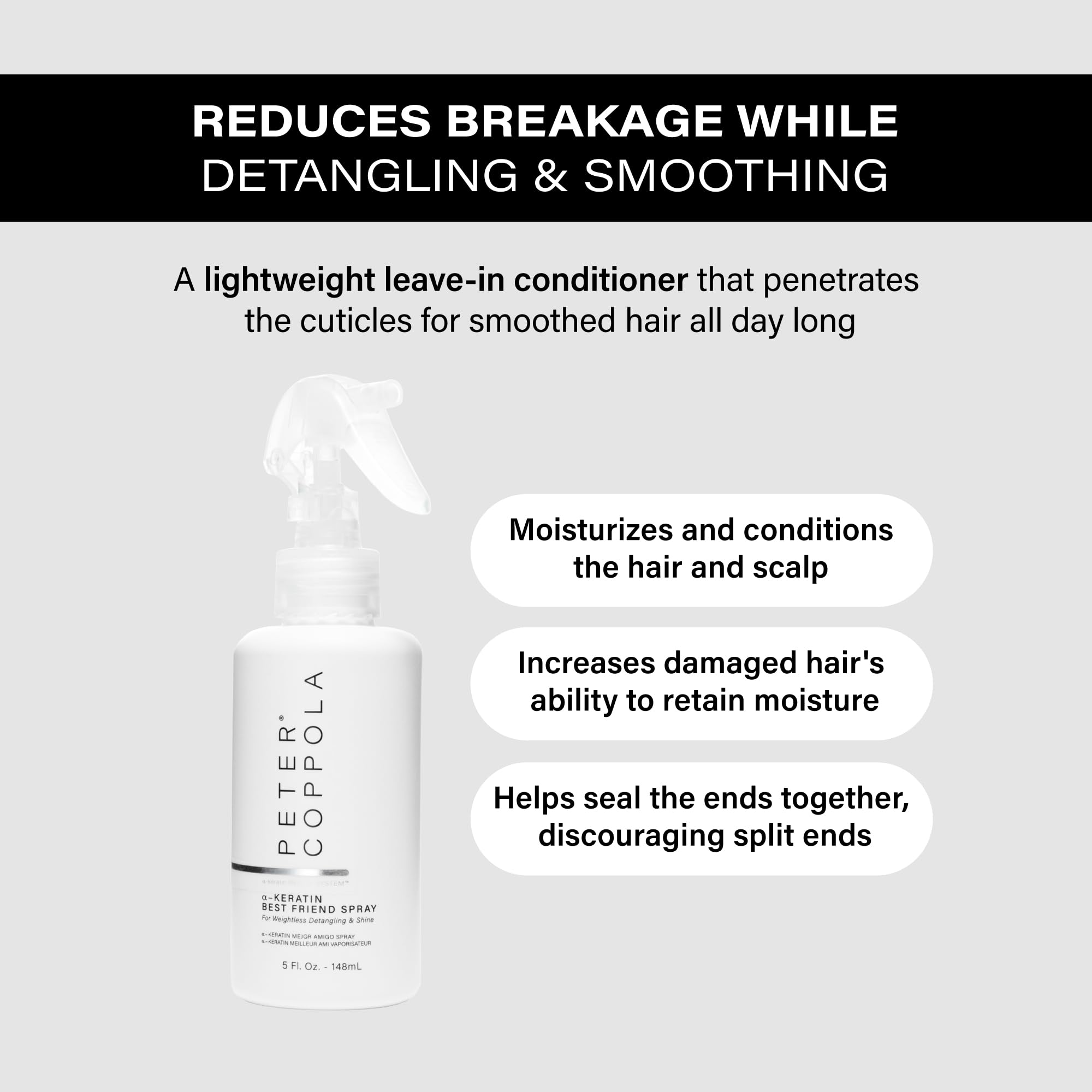 Peter Coppola a-Keratin Best Friend Spray - Leave In Conditioner Spray For Dry Damaged Hair Reduces Breakage While It Detangles, Smooths & Repairs Split Ends. Infused With Argan Oil & Aloe (5 oz)
