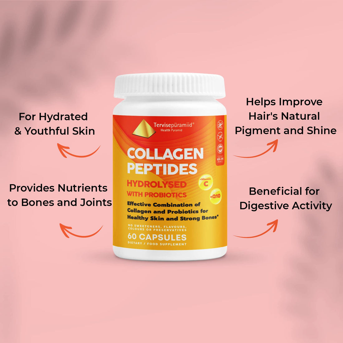 Health Pyramid Collagen Peptides Capsules Hydrolysed with Probiotics, Vitamin C, and Coenzyme Q10 for Healthy Skin and Strong Bones, Collagen Capsules for Women and Men
