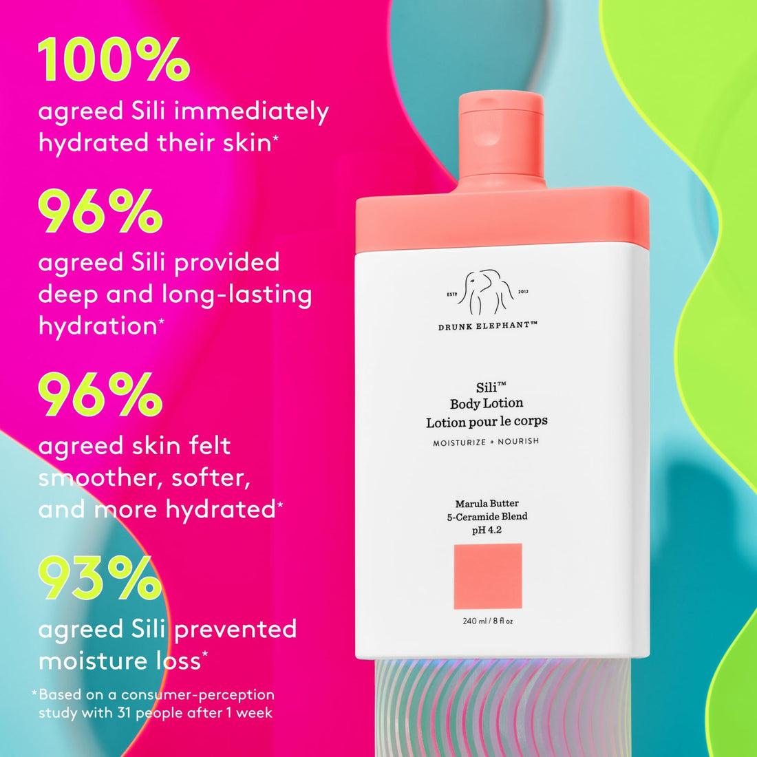 Drunk Elephant Sili Body Lotion - 240 ml/8 fl oz - Lightweight Daily Lotion - Clean Clinical Skincare - Cruelty-Free - Dermatologist Tested - Free of Essential Oils, Silicones, and Fragrance