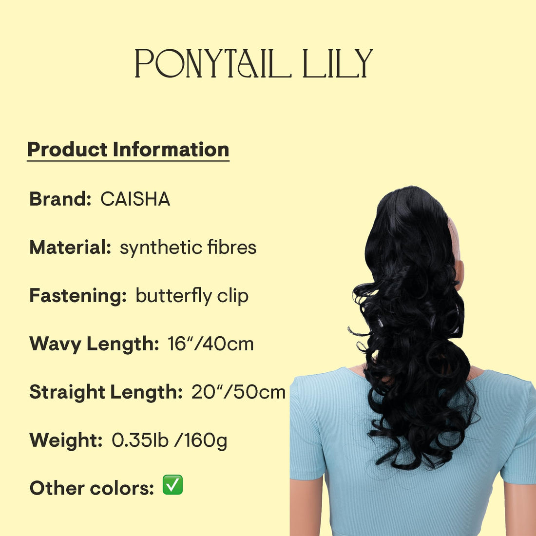 Black # 1 H201 : PRETTYSHOP 20 Hair Piece Pony Tail Clip On Extension Voluminous Curly Heat-Resisting Black # 1 H201